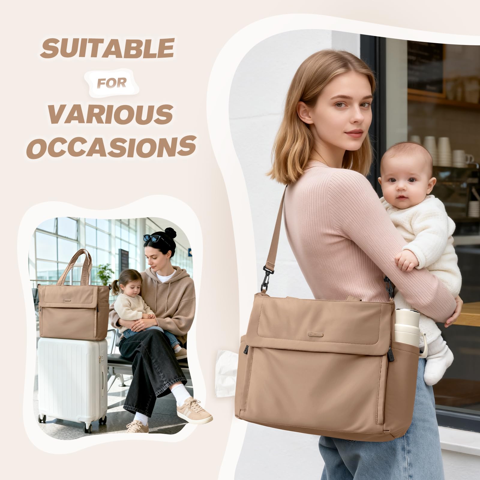 22L Puffer Wickeltasche Damen, Lässige Umhängetasche für Mütter, Geräumige Wickeltasche für Unterwegs, Champagnerbraun