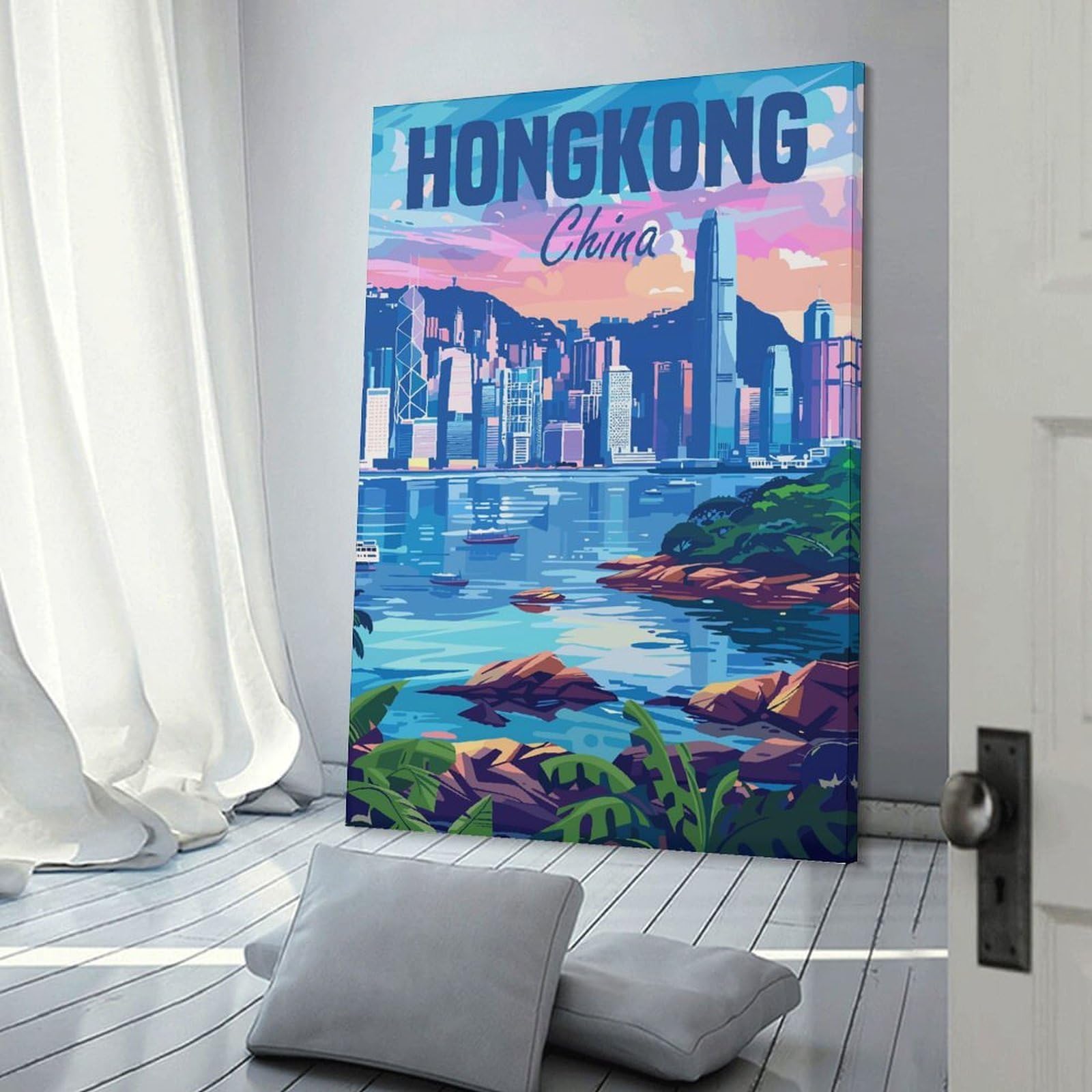 Junmoney Hong Kong China Wall Art Print 24x36inch(60x90cm), for Hallway, Entryway Or Landing, A Neat Decor Update for Hallways, for Everyday Interiors