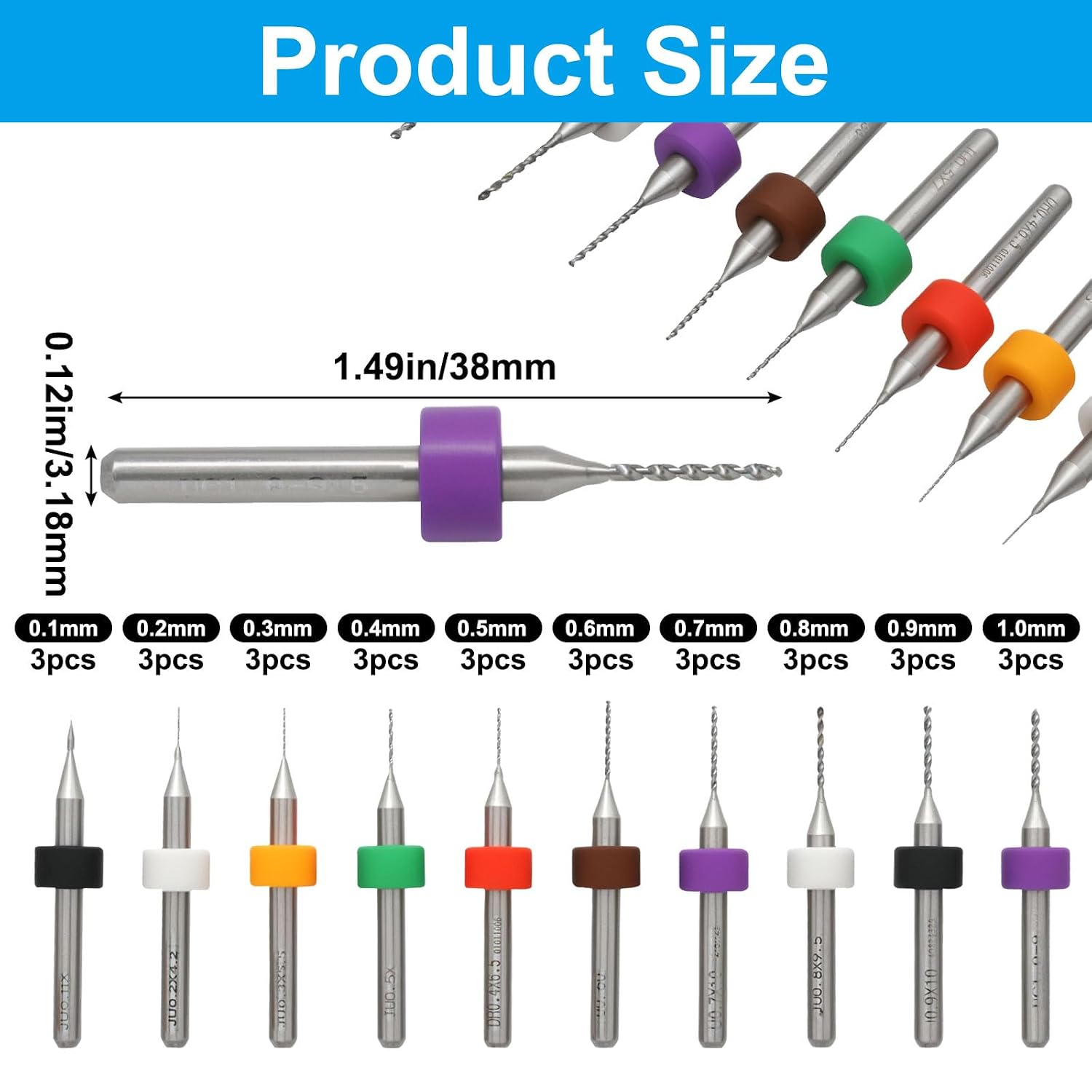30 Pack Carbide PCB Spiral Flute Drill Bits, 0.1-1.0 mm