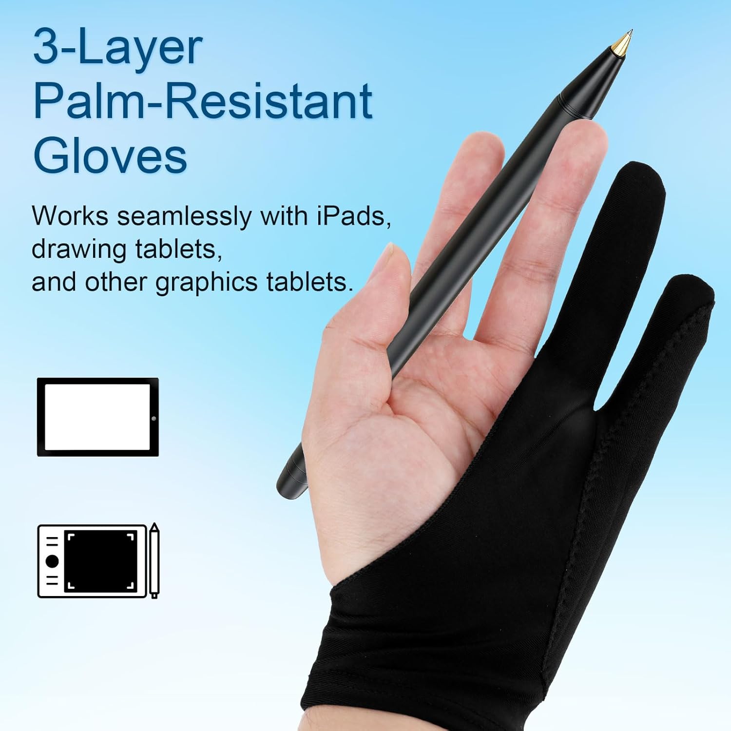 Two-Finger Artist Glove for iPad & Graphics Drawing Tablet, 8.27x3.54in Digital Drawing Gloves for Right Hand and Left Hand, Smudge Guard Art Glove with Cleaning Cloth, Artist Gift (Large)