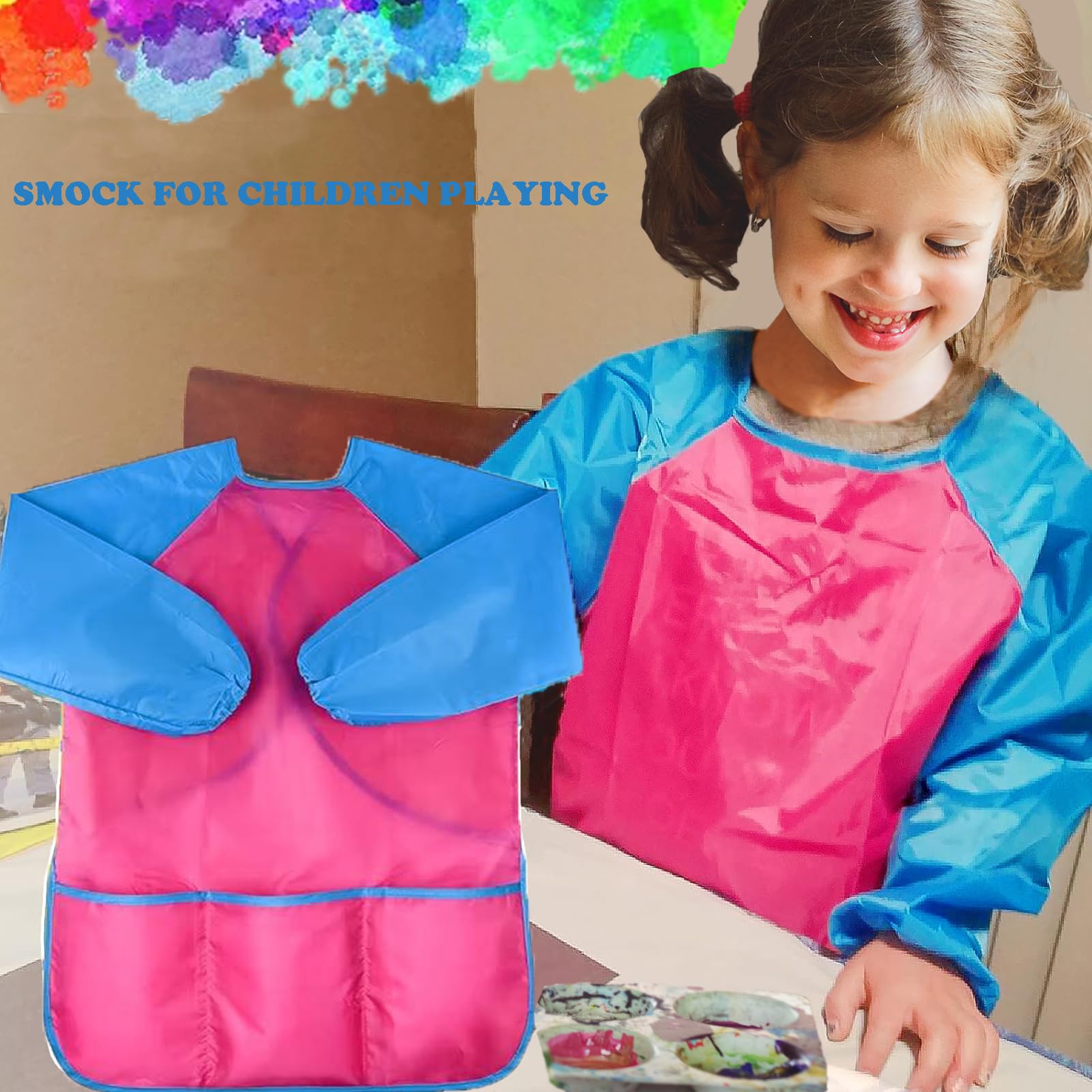 XIEJINJIA 12 Pack Kids Art Smock with Long Sleeve 3 Roomy Pockets Artist Children Play Aprons for Age 3-8 Painting CraftPink - Image 3