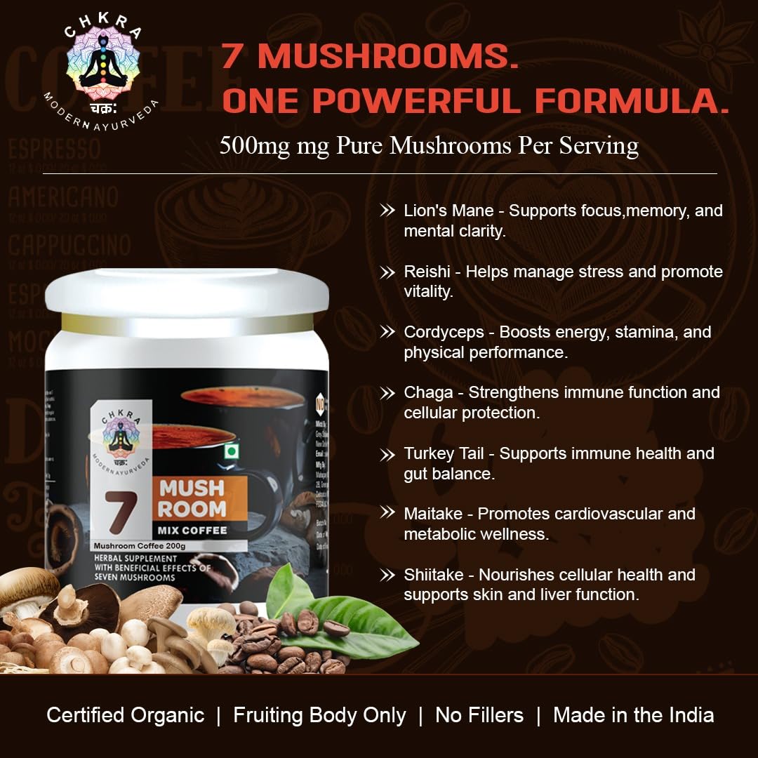Mushroom Coffee Powder, 7 Mushroom Blend- Lion's Mane, Chaga, Cordyceps, Shitake, Maitake, Ganoderma, Turkey Tail Brain Supplements for Energy, Focus, Memory and Immunity, 55 Serving, 100G — Amazon image 4