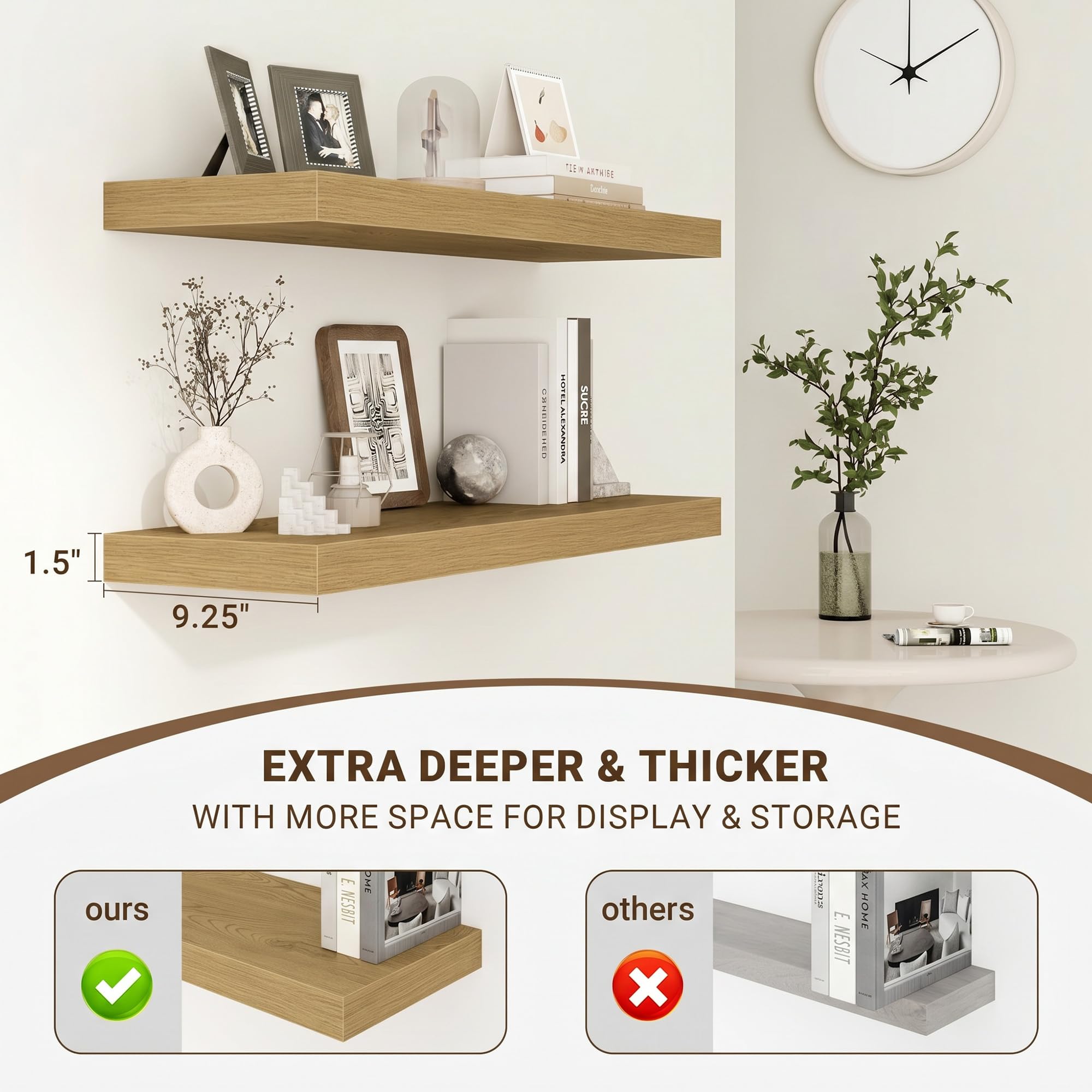 Acovy Lot de 2 étagères murales flottantes en bois pour salon, salle de bain, chambre à coucher, cuisine, chêne - 23,5 cm de profondeur - 80 cm de long