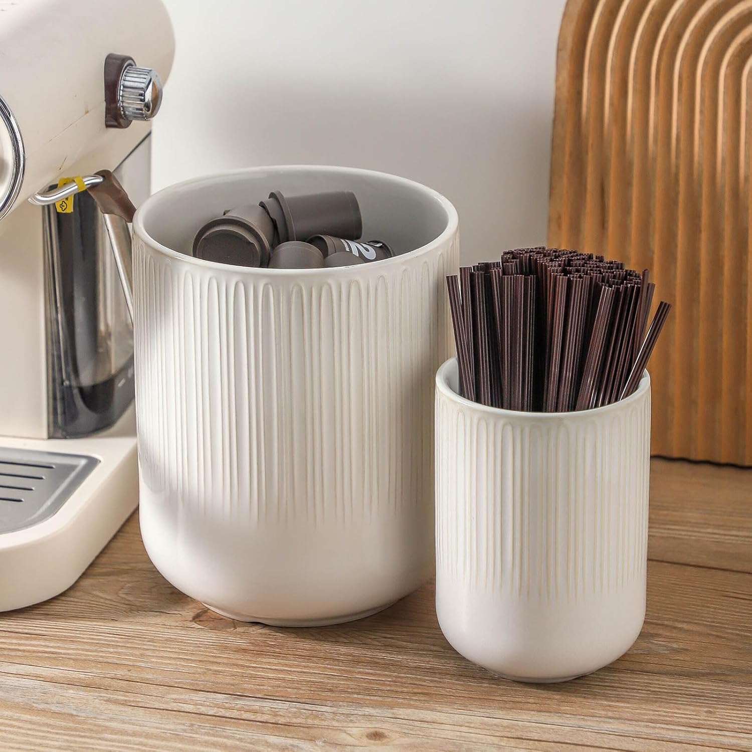 Utensil Holder,Set of 2, Large utensil holder for kitchen counter, 7.3"+5.4" cooking utensil holder for countertop, Kitchen spatula holder for kitchen decor (Modern Farmhouse Color)