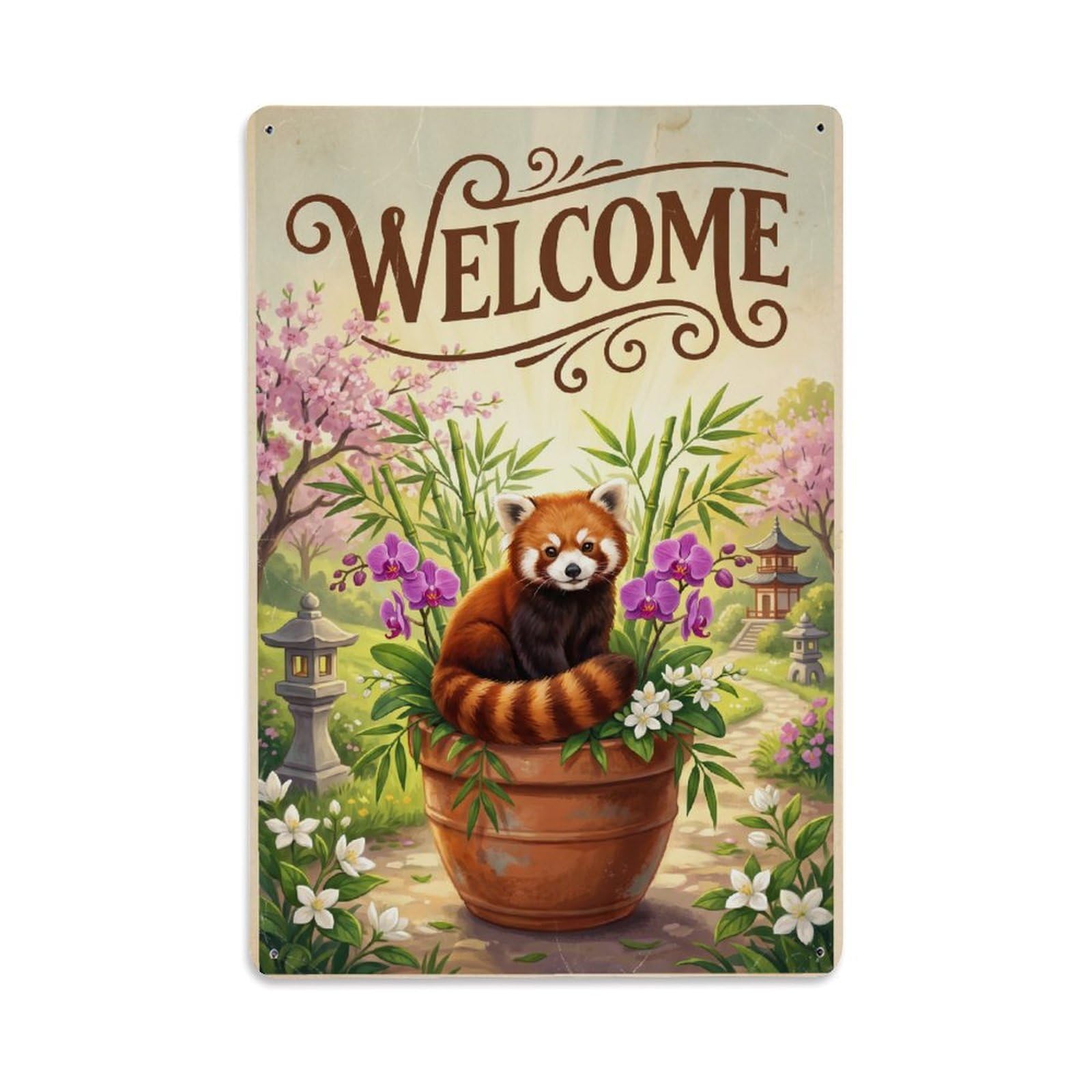 Cxhjca 8X12inch(20X30cm) Vintage Welcome Red Panda Sunny Day Metal Tin Sign