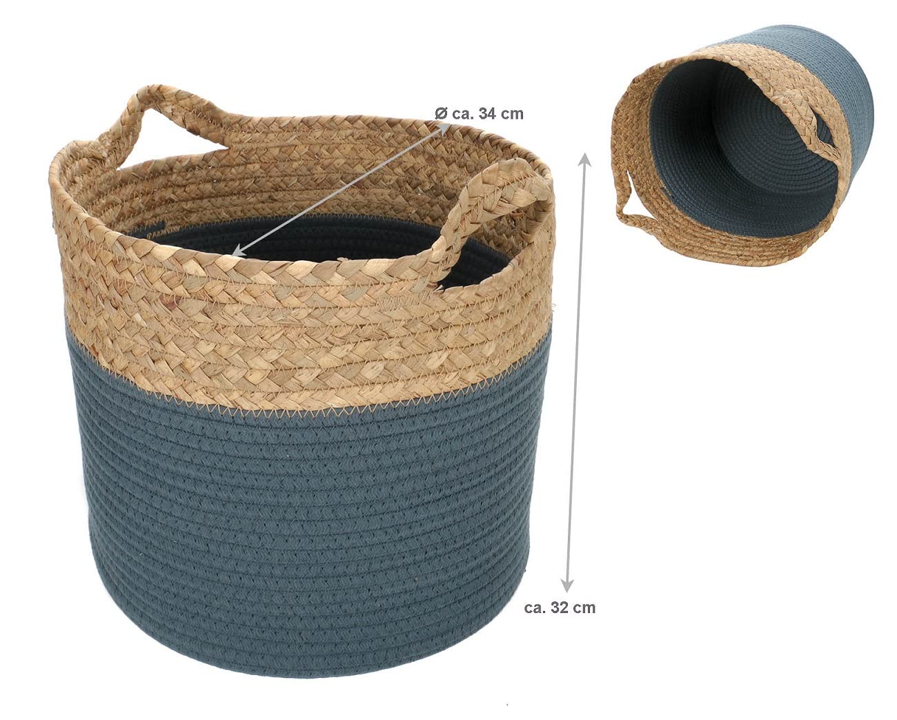 Aufbewahrungskörbe aus geflochtenem Seegras und farbigem Baumwoll-Seil, mit Tragegriffen, 3-er Set Körbe in verschiedenen Größen, (H) ca. 32, 26, 19 cm (Blau)