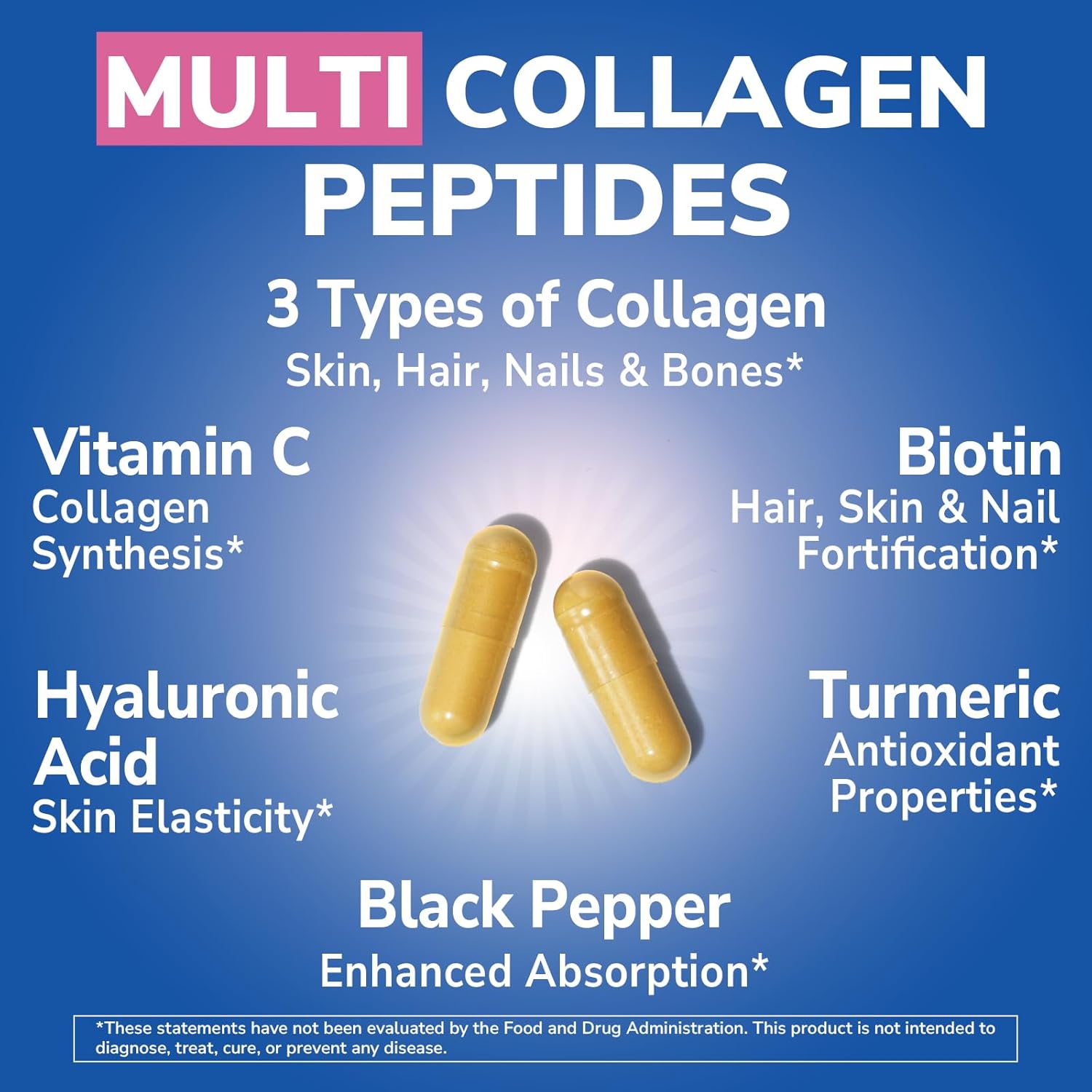 Vitalibre Multi Collagen Peptides, Hydrolyzed, Type I, II, III, Vitamin C, Biotin, Hyaluronic Acid, Turmeric & Black Pepper, Skin, Hair, Nail & Mobility Support, Non-GMO, 180 Caps