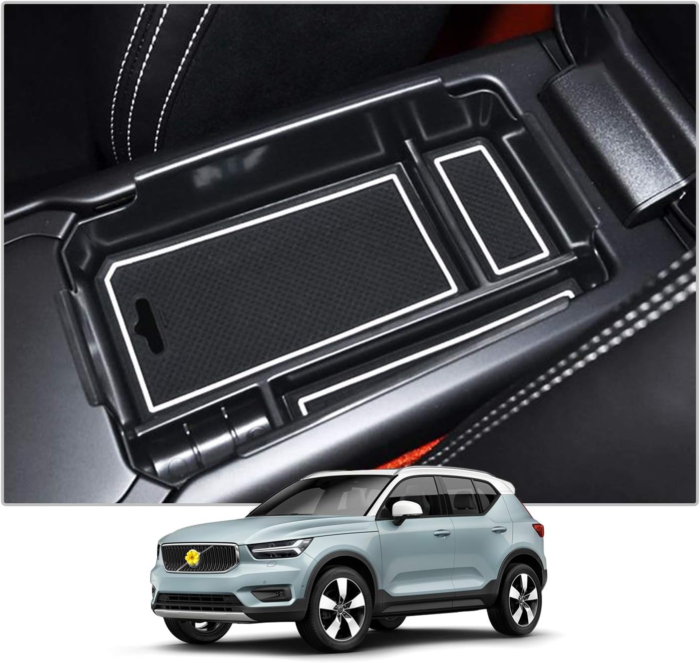 Center Console Organizer Tray for 2019-2025 2026 Volvo XC40 Accessories ABS Black Material Armrest Insert Secondary Storage Box