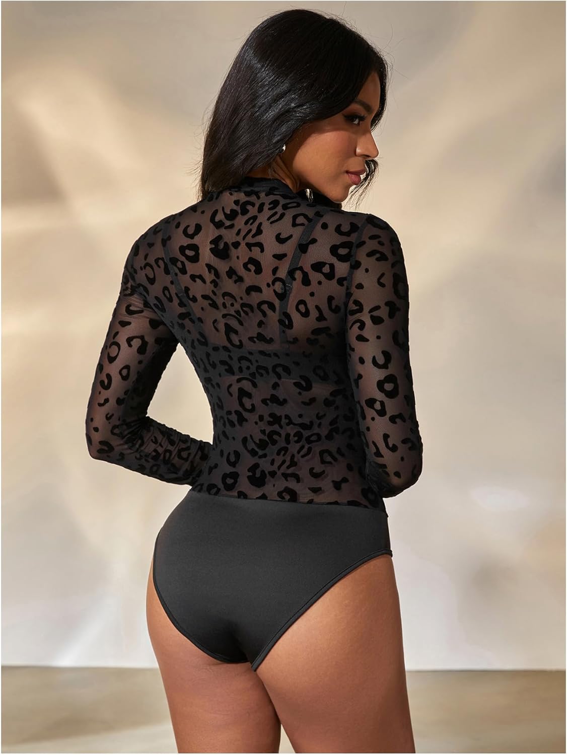 SHENHE Women's Long Sleeve Leopard Print Mesh Sheer Bodysuit Crewneck Thong Top Sexy Club & Date Night Outfit - Image 5