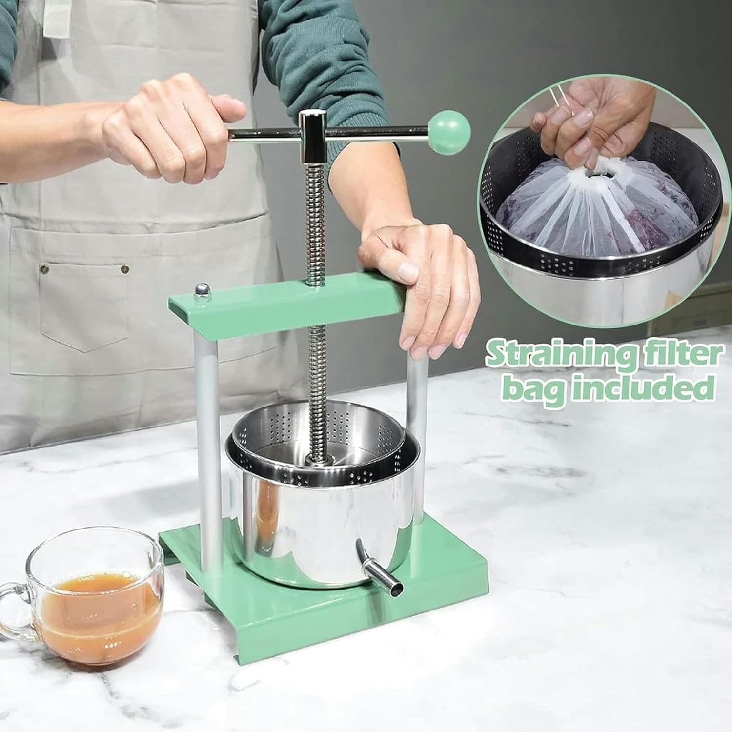 Manual Fruit Wine Press, 0.53 Gallon/2 L Stainless Steel Manual Wine Press Machine, with T-Handle, Vegetables Honey Olive Oil Making Press (Green)