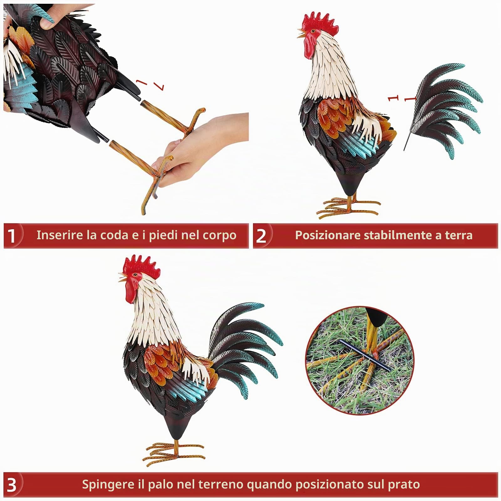 chisheen Decorazione a forma di gallo in metallo, decorazione per cortile, statue da giardino all'aperto, scultura di pollo in metallo per cortile, patio, cucina e ornamenti da prato