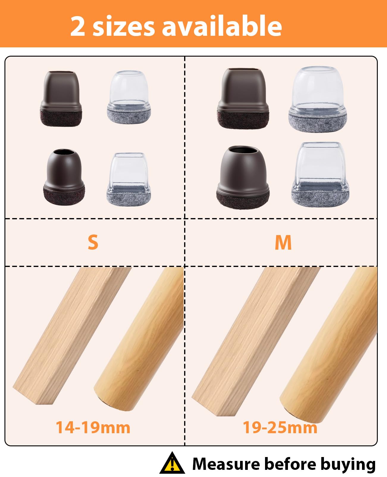 Seaforie Chair Leg Caps Floor Protectors 24 Pack, 19-25mm Adjustable Diameter Round Chair Leg Protectors with 360° Felt Pad - Image 3