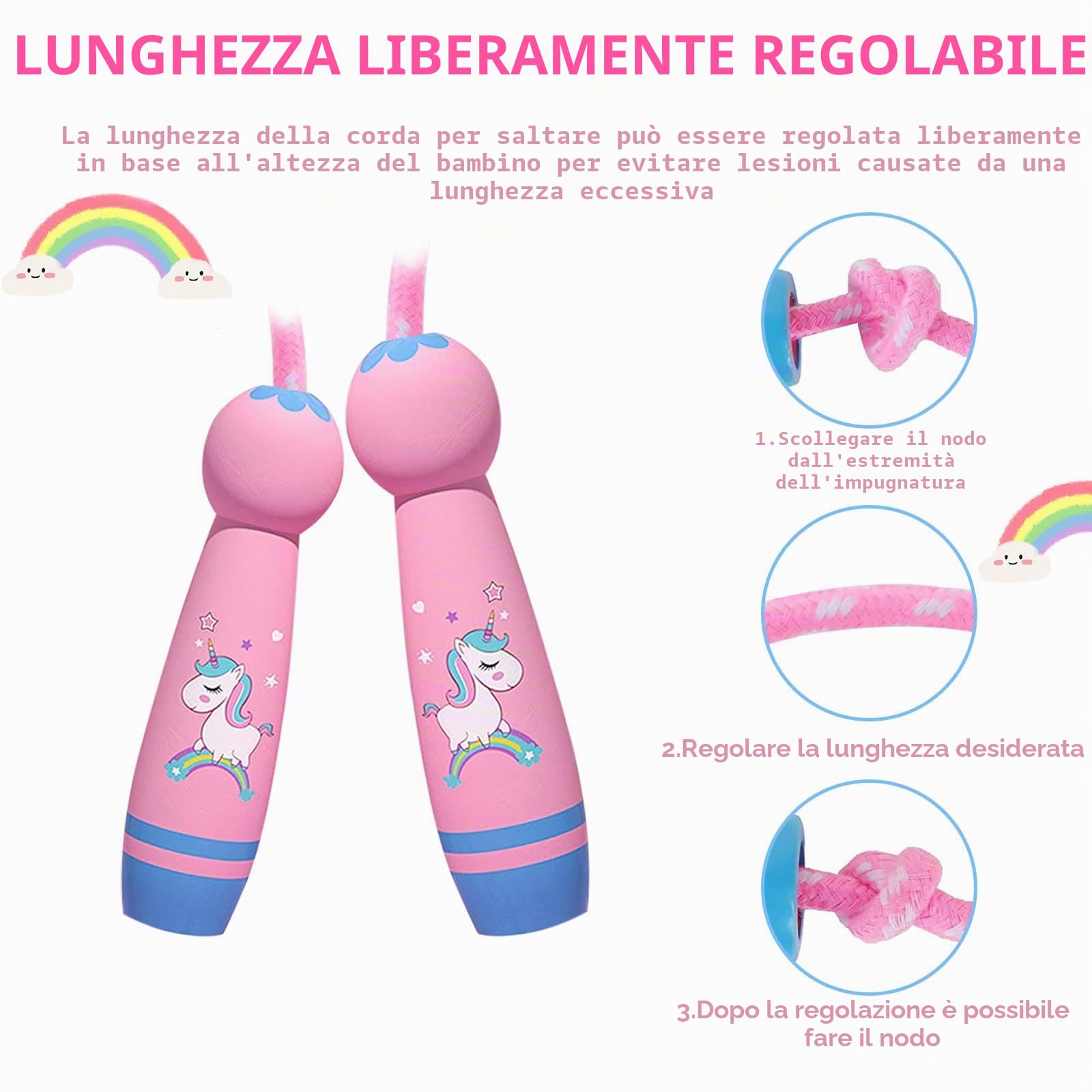 Corda per saltare per bambini, 260 cm, con manico in legno dei cartoni animati, corda per saltare regolabile, per bambini, per ragazzi, ragazze, amici, scuola, prato