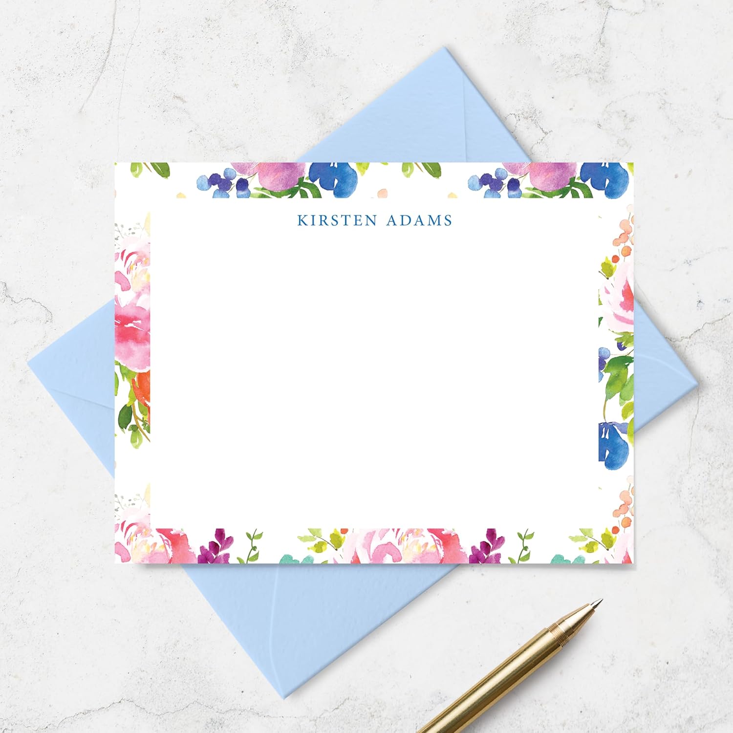 Personalized Floral Border Note Cards and Envelope Stationery Set for Women, Flat A2 Notecard Stationary Set with Flowers and Name in Classic Uppercase Font (Pink)