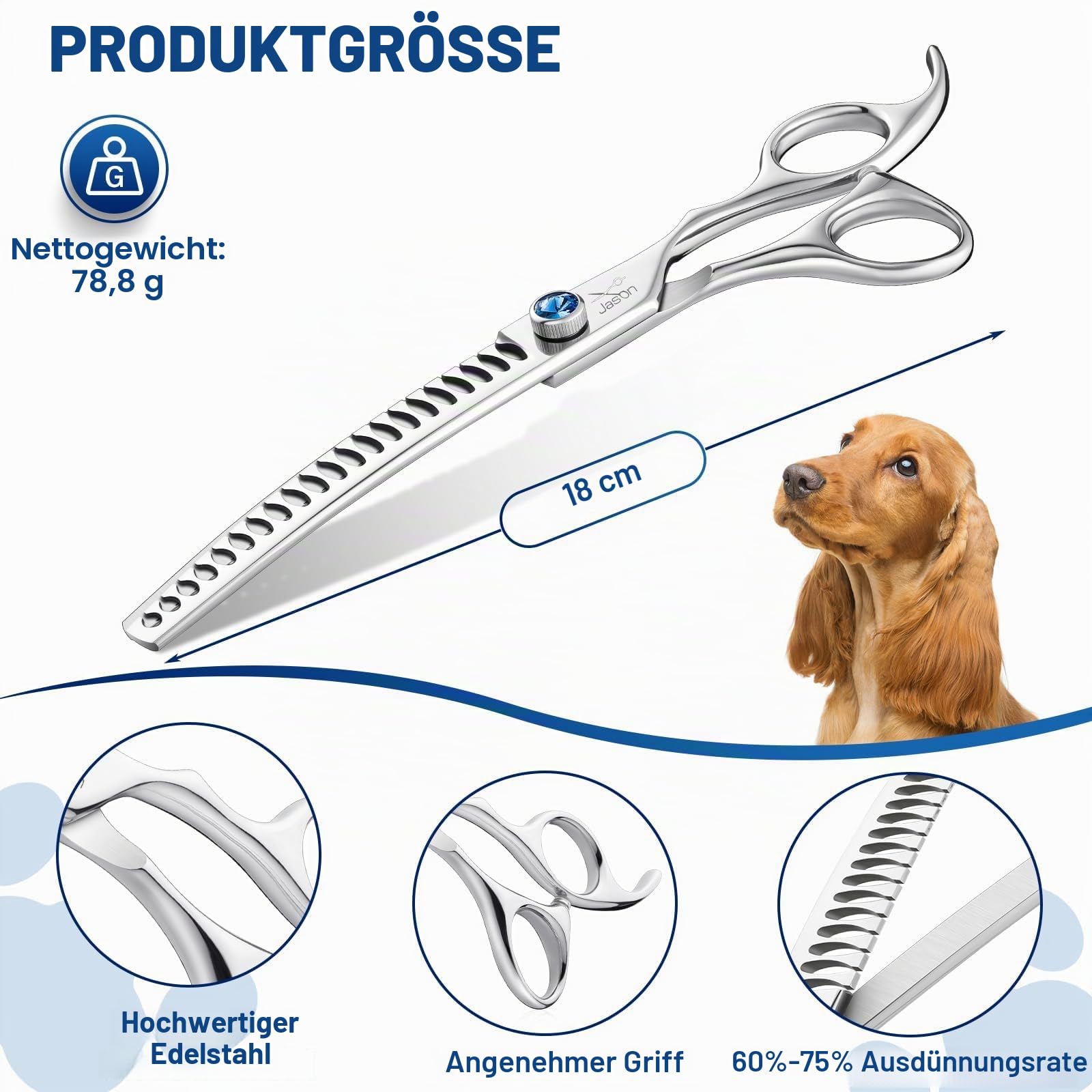 JASON 7" Gebogene Chunker Hundeschere - Profi Hundepflege Schere, Ausdünnungsschere für Hunde, Japanisch 440C-Edelstahl Pflegeschere Professionelle Fellschere für Groomer (21 Zähne)