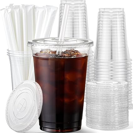 AOZITA 16 oz Plastic Cups with Lids and Straws, 50