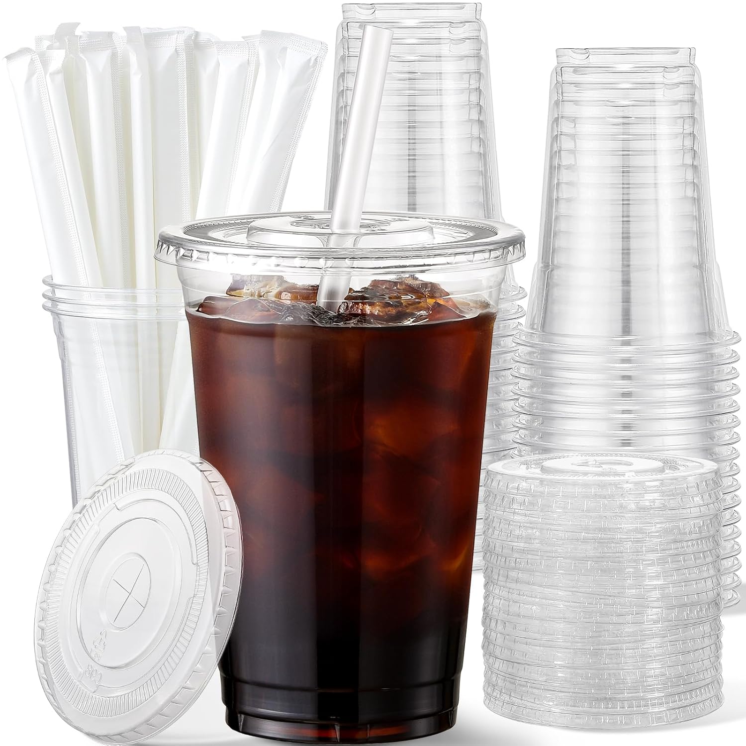 AOZITA 16 oz Plastic Cups with Lids and Straws 50 Pack Disposable Iced Coffee Cups with Lids Clear