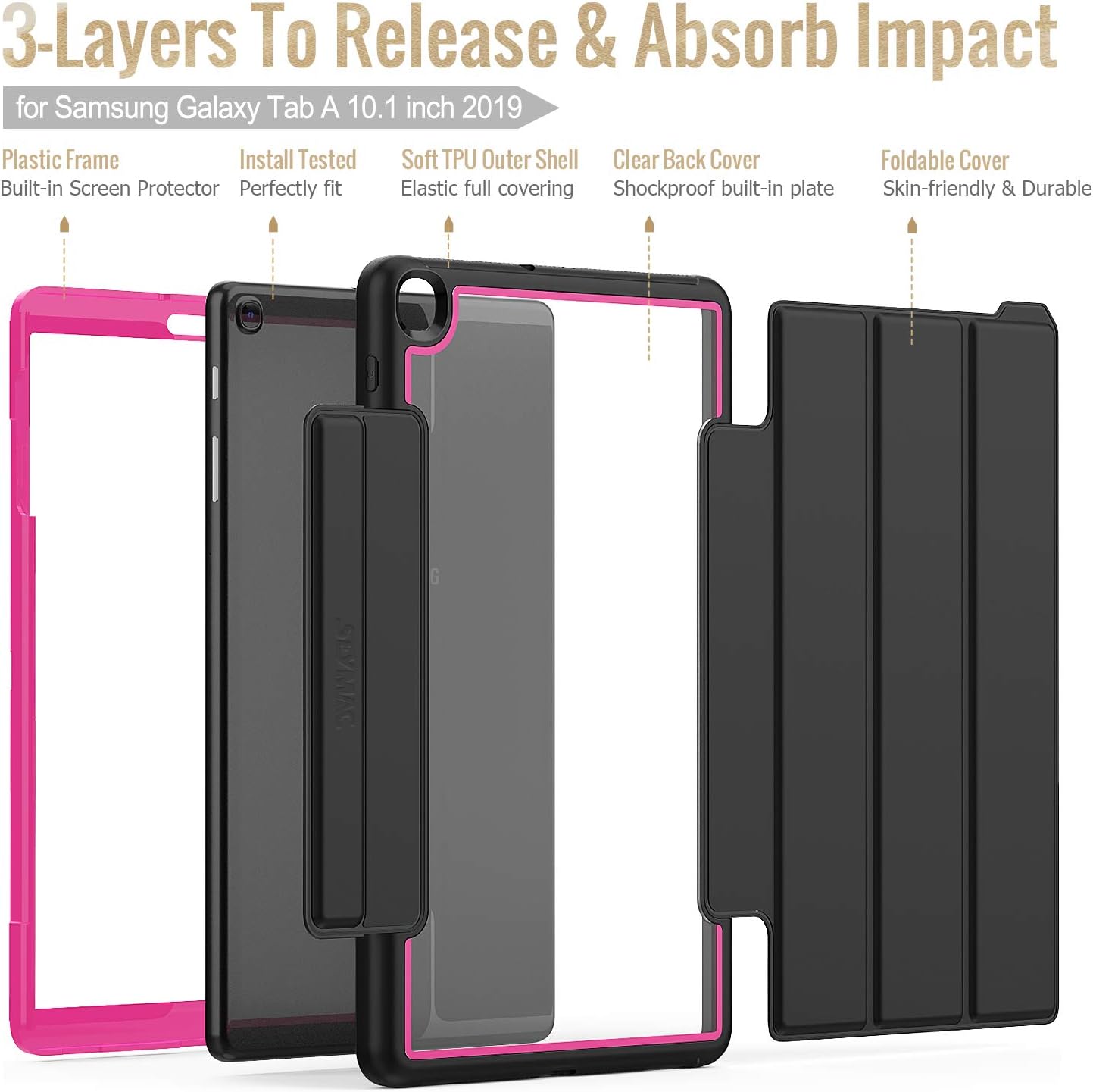 SEYMAC stock Case for Galaxy Tab A 10.1 Case (2019), Shock-Proof Protective Cover with [Screen Protector] Stand [Clear Back] for Galaxy Tab A 10.1 SM-T510/T515/T517 (Black/Rose)