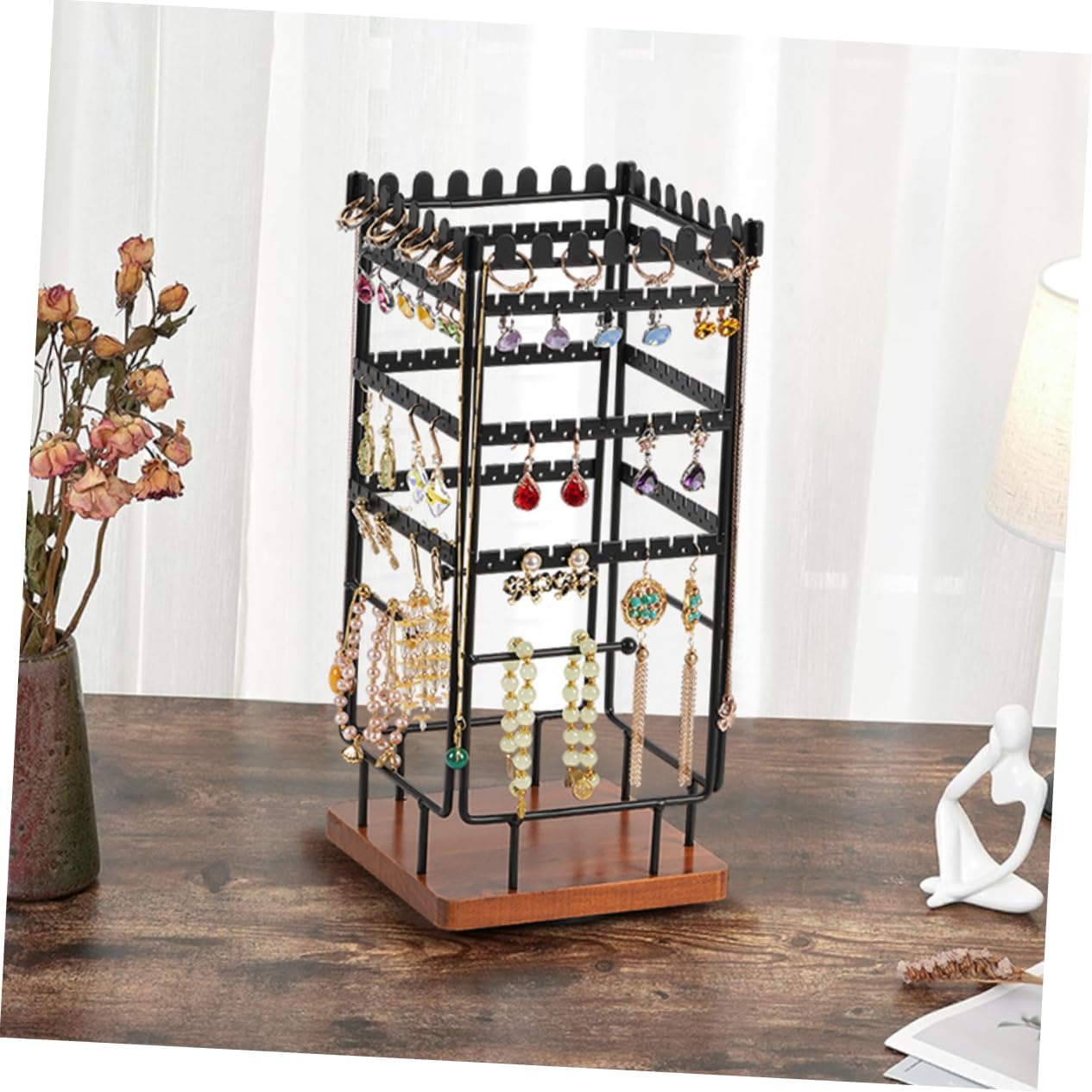 Vintage Solid Wood Rotatable Jewelry Organizer Stand with Four Sided Metal Display Stable Base Earring Holder and Necklace Rack for Vanity Store and Home Use