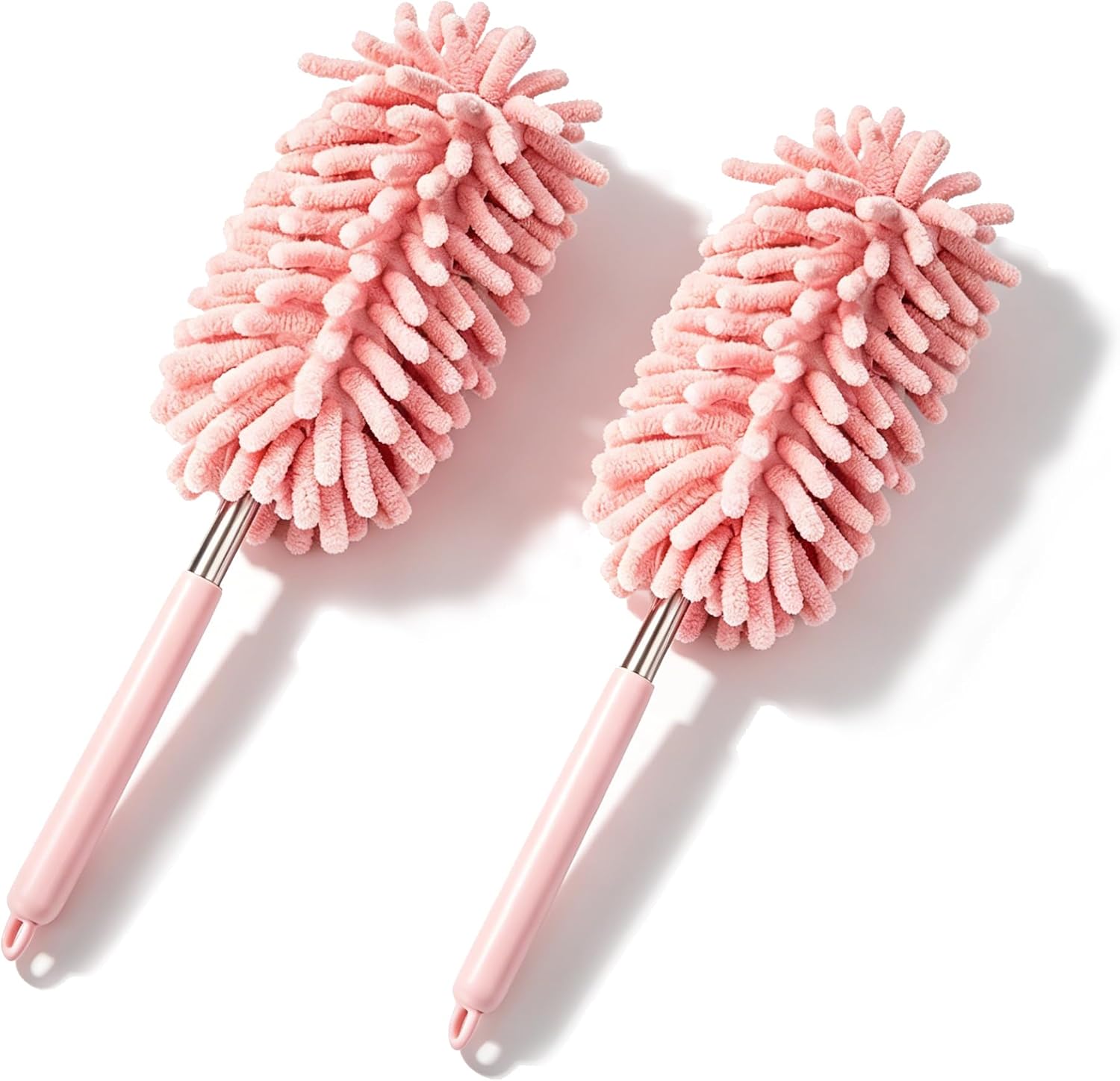 2 PCS Car Interior Duster with Extension Pole, Microfiber Bendable Head Telescopic Cleaning Tool, Scratch Free for Vehicle Interior & Exterior, Universal for Most Cars, Trucks, SUVs (Pink)