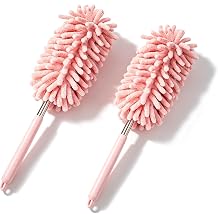 2 PCS Car Interior Duster with Extension Pole, Microfiber Bendable Head Telescopic Cleaning Tool, Scratch Free for Vehicle Interior & Exterior, Universal for Most Cars, Trucks, SUVs Pink