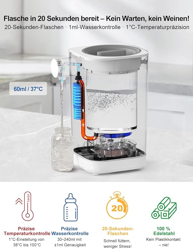 BootyBay Intelligens Cumisüveg Készítő - 20 Másodperces Tápszer Elkészítés, 1.5L Víztartály, BPA-mentes, Csendes Működés, 16 cm-ig Állítható