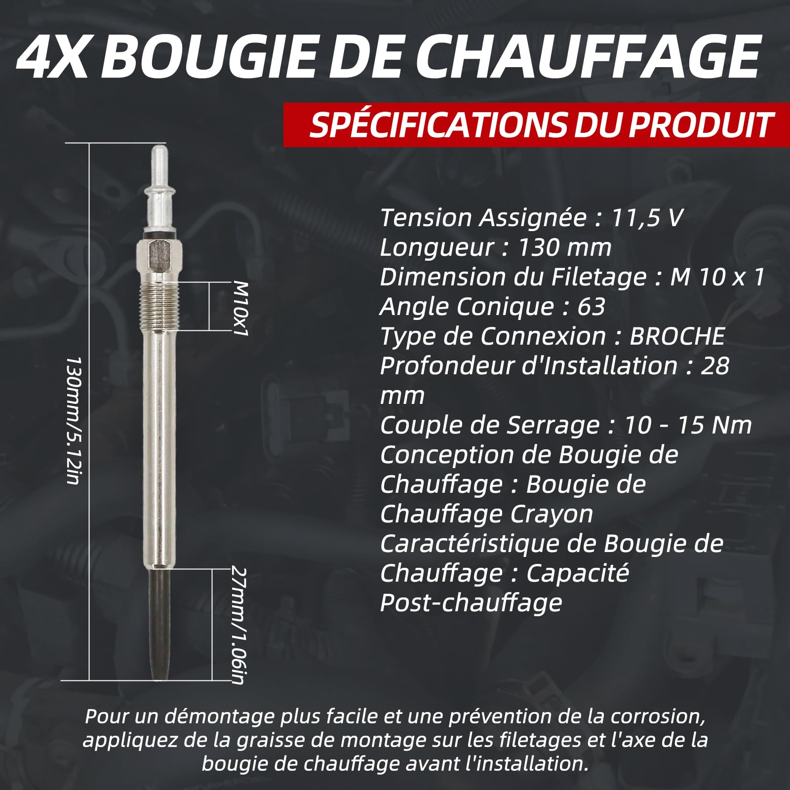 Lot de 4 bougies de préchauffage pour Mercedes-Benz Vito et Viano (W639) - 11,5 V - Filetage M10 x 1 - Numéro de pièce : 0250202142 (W639)