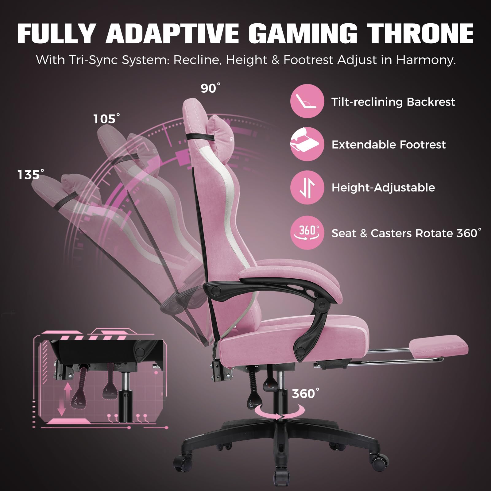 GTPLAYER Silla de Gaming ergonómica, Silla de Oficina de Tela Transpirable, Grande y Alta, giratoria, con reposapiés, Soporte Lumbar Regulable y reposacabezas, Rosa