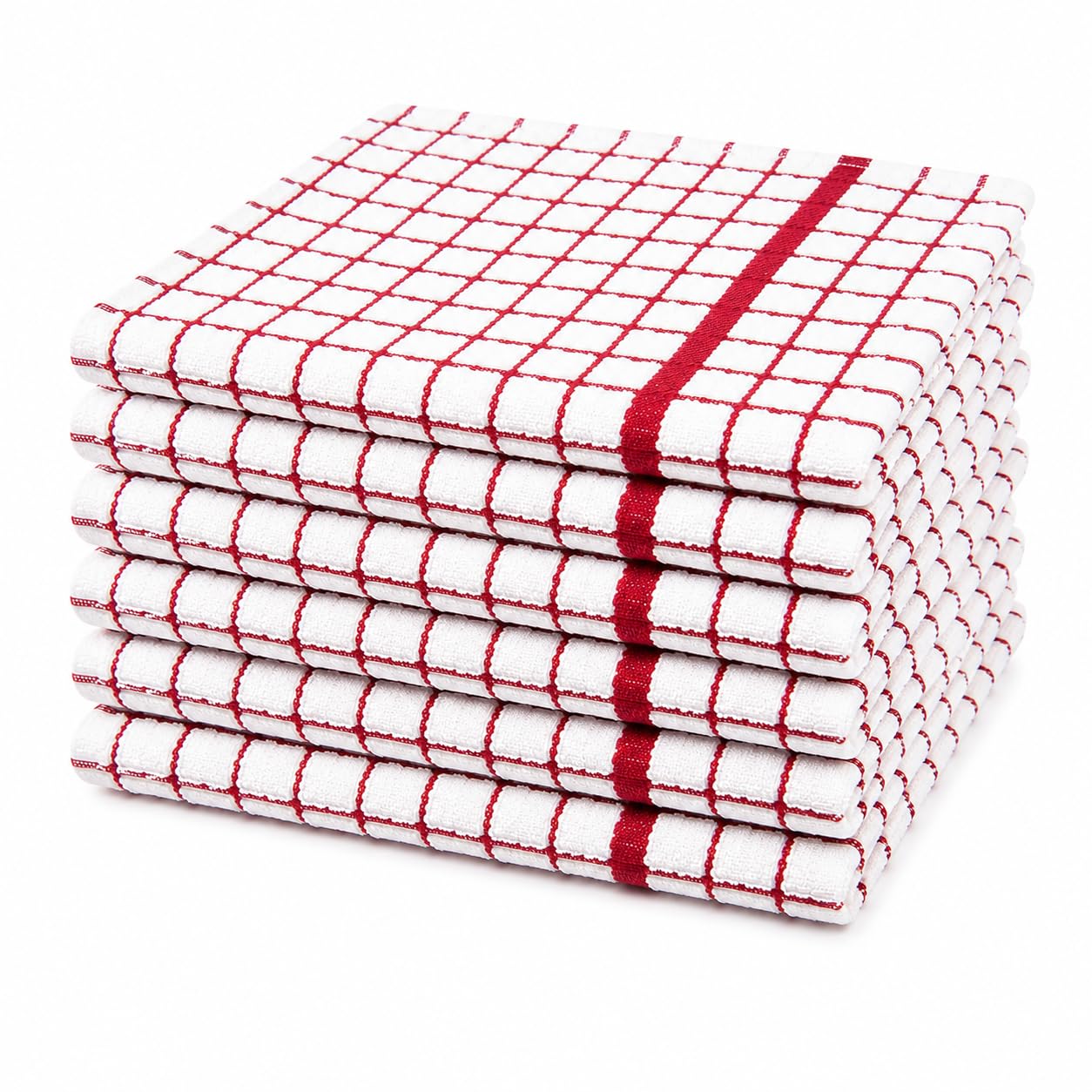 Luxury Terry Check Tea Towels 6 Pack | 50 x 70 cm | 100% Cotton Kitchen Towels | Super Absorbent & Durable | Soft Terry Weave kitchen & home Cloths | Machine Washable | Check Design |Red/white|