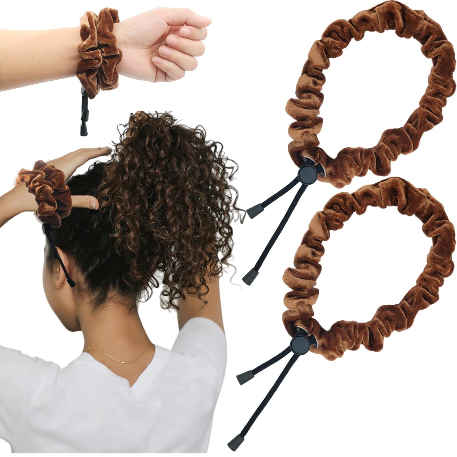 2 Pcs Adjustable Velvet Scrunchies Large Brown Scrunchie Satin Hair Tie for Women Girls Thick Hair Ties for