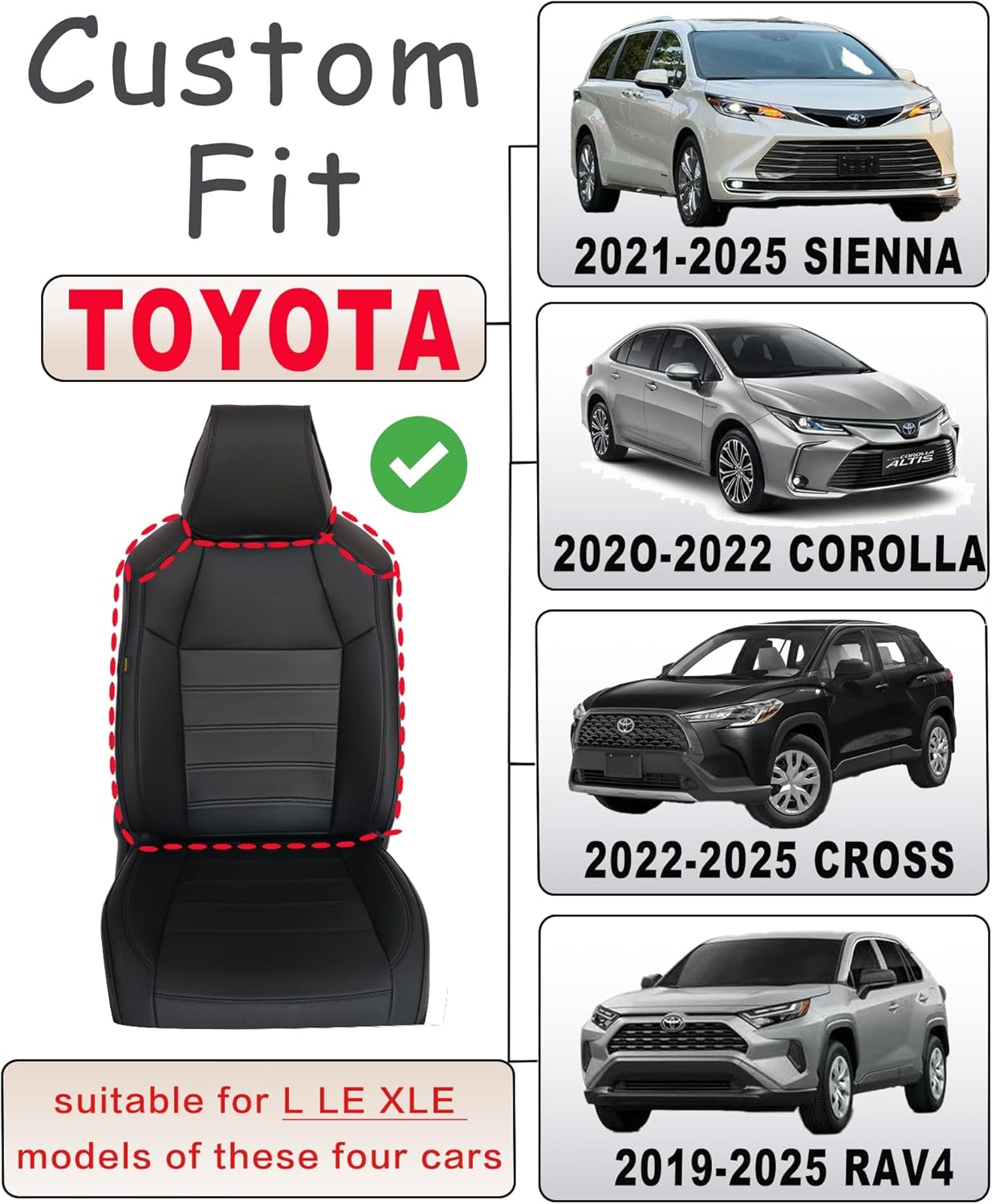 Custom Fit Front Seat Covers for Toyota Rav4 Corolla Cross Sienna Universal Car Seat Protectors with Waterproof and Easy to Install for Women Front Seat Cover - Faux Leather（Black）