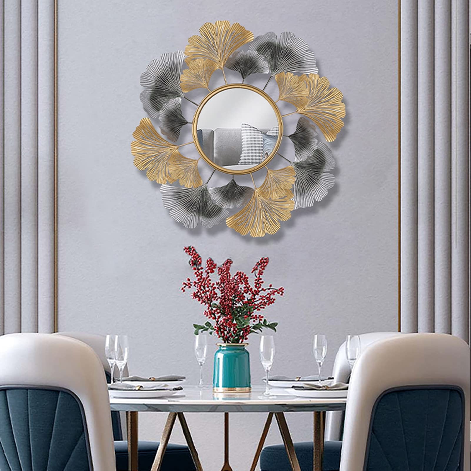 Sunburst Wandspiegel, Metall Ginkgo Blätter Dekorativer Wandspiegel, Runder Hängespiegel für Wanddekoration für Wohnzimmer, Schlafzimmer, Badezimmer
