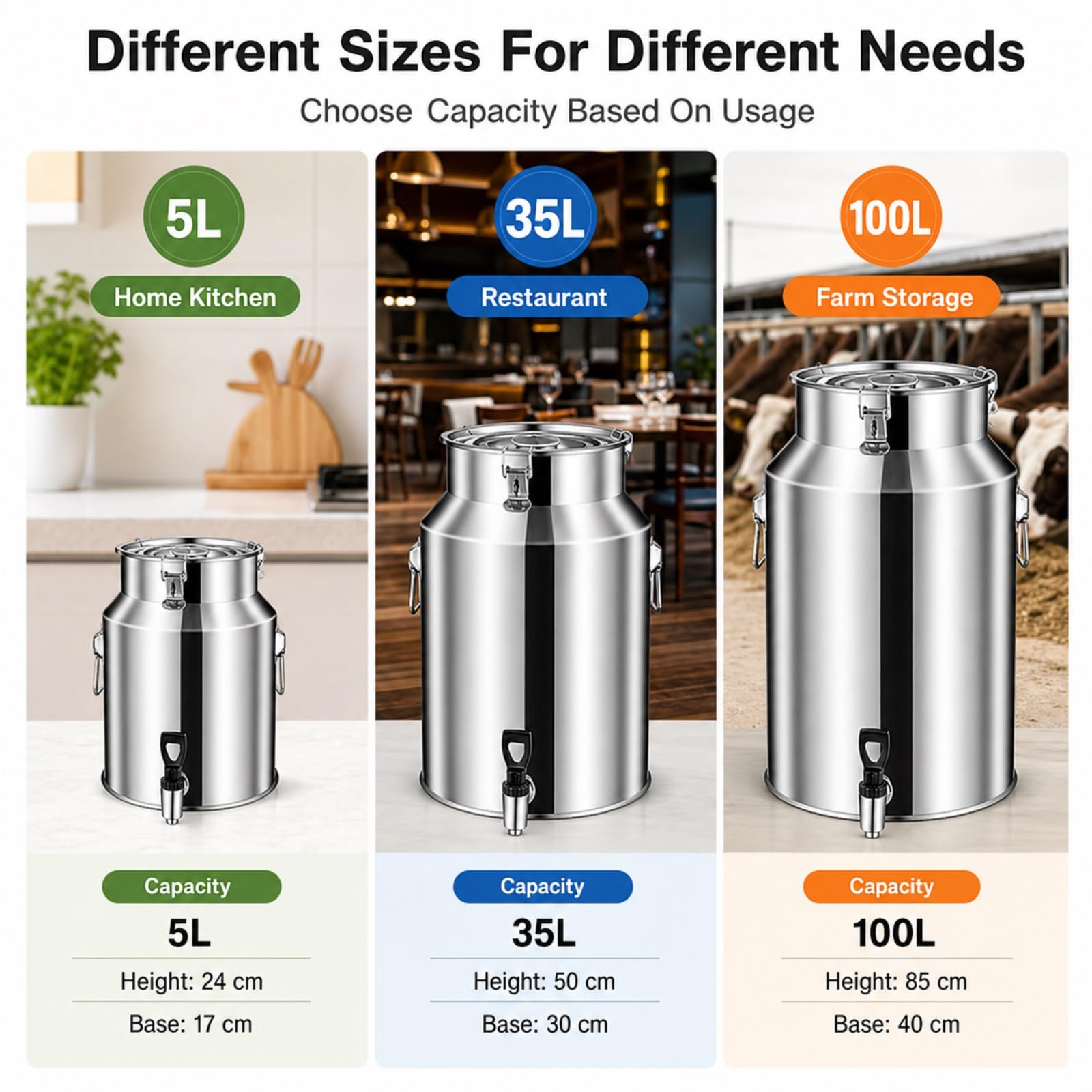 Bidón de leche de acero inoxidable 304 con tapa hermética y grifo | Bidón de leche estanco para almacenar y transportar aceite y vino(No Spigot,35L/9.2 Gal)