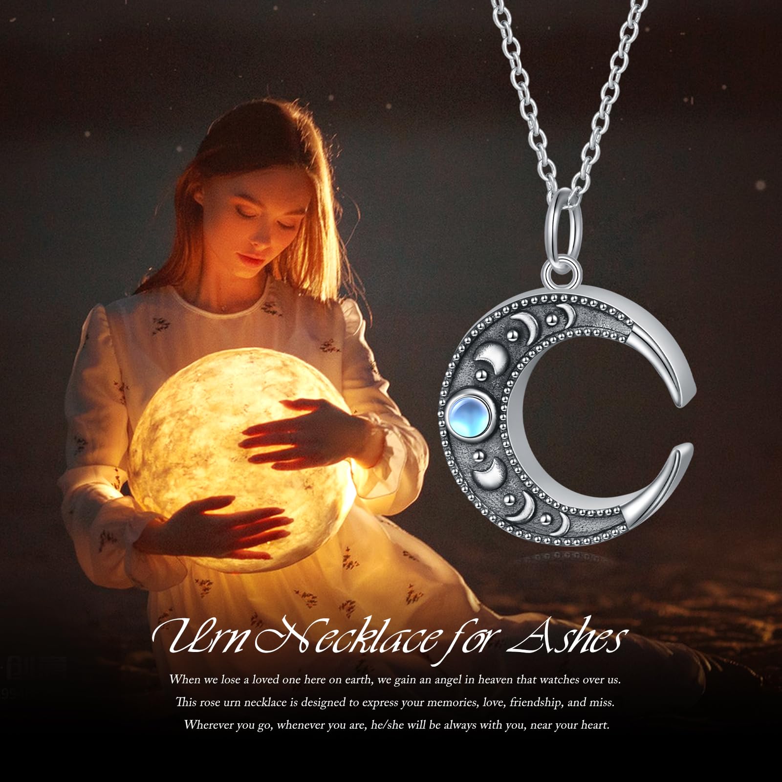 Mondstein Urn Halskette für Asche 925 Sterling Silber überzogene Halbmond Phase Halskette Mond Phase Charm Kreis Mond Anhänger Halskette für Frauen Mond Schmuck Asche Andenken Anhänger Memorial