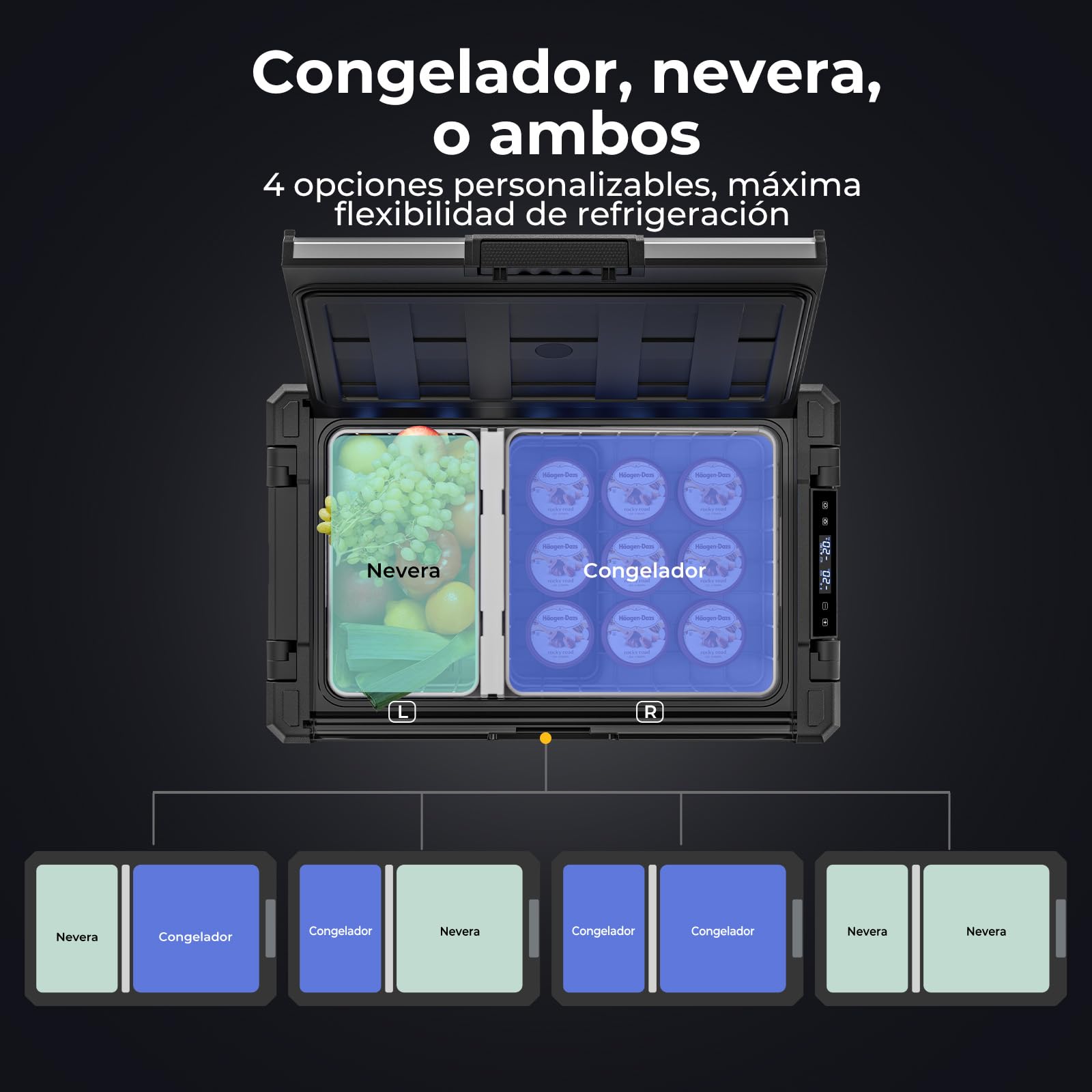 BougeRV Rocky V3.0 Doble Zona Nevera Coche 52L con Batería 240Wh, -20℃~20℃ | Compresor Portátil 12V 24V 230V Freezer App Metal IPX4 Frigorífico Coche Camping Viajes Barco Pesca