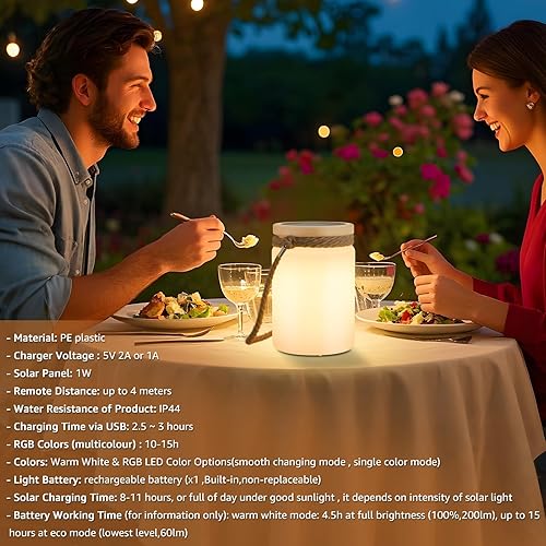 Miniatura 5 de uuffoo Lámpara de mesa solar LED para exteriores, inalámbrica, IP44 RGB y blanco cálido, regulable para patio, camping, restaurante, terraza