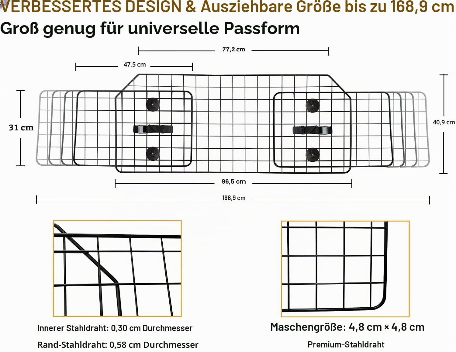 38-66.5 Zoll Hunde-Auto-Barriere für SUVs, Van, Fahrzeuge, verstellbare große Haustierbarrieren, universelle Passform, Haustier-Trenngitter für LKW Laderaum, Sicherheits-Auto-Trennwand