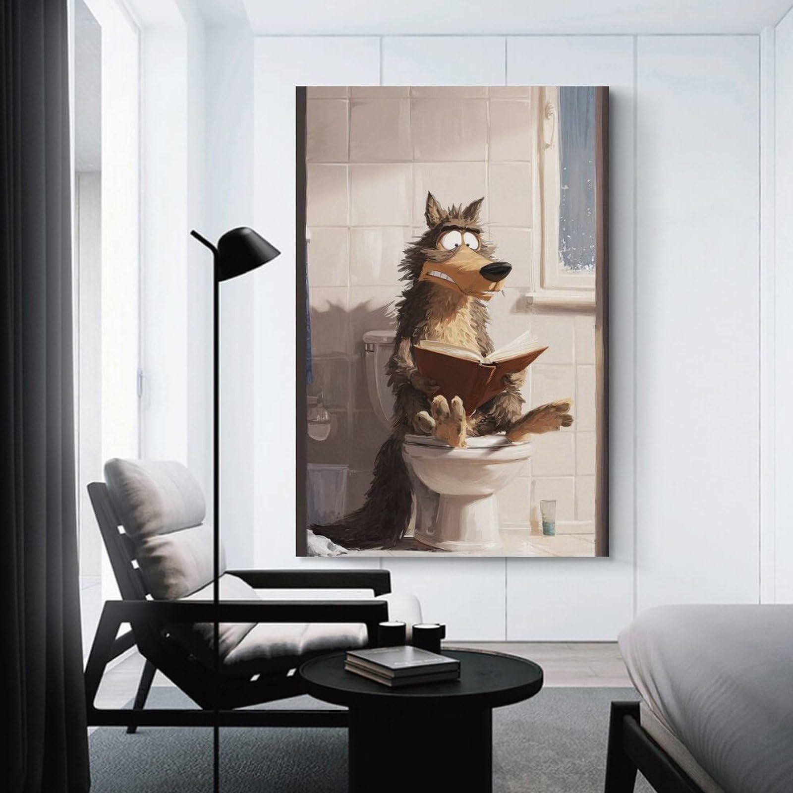 Junmoney Wolf Reading on Toilet Poster, Picture, Metal Print, Paint by Creed Wall Art Print 24x36inch(60x90cm), for Picture Wall Styling in Lounge Or Bedroom, A Versatile Canvas Print for Layering