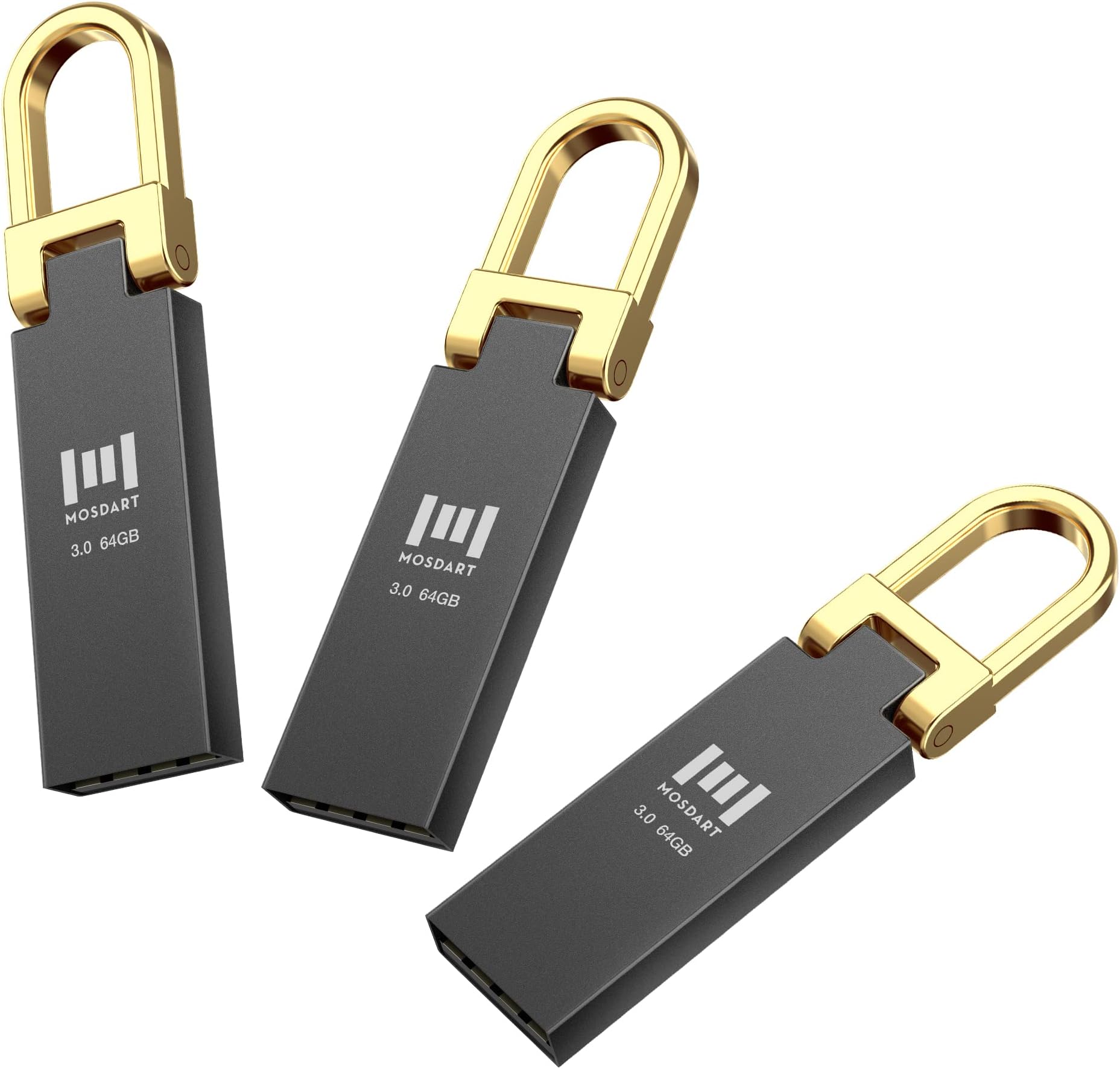 MOSDART USB 3.0 Waterproof 64GB Flash Drives 3 Pack Metal Keychain Data Backup Zip Drive Read Speed Up to 90MB/s USB3.0 Thumb Drive, 64 GB exFAT Jump Drive Memory Stick, Black