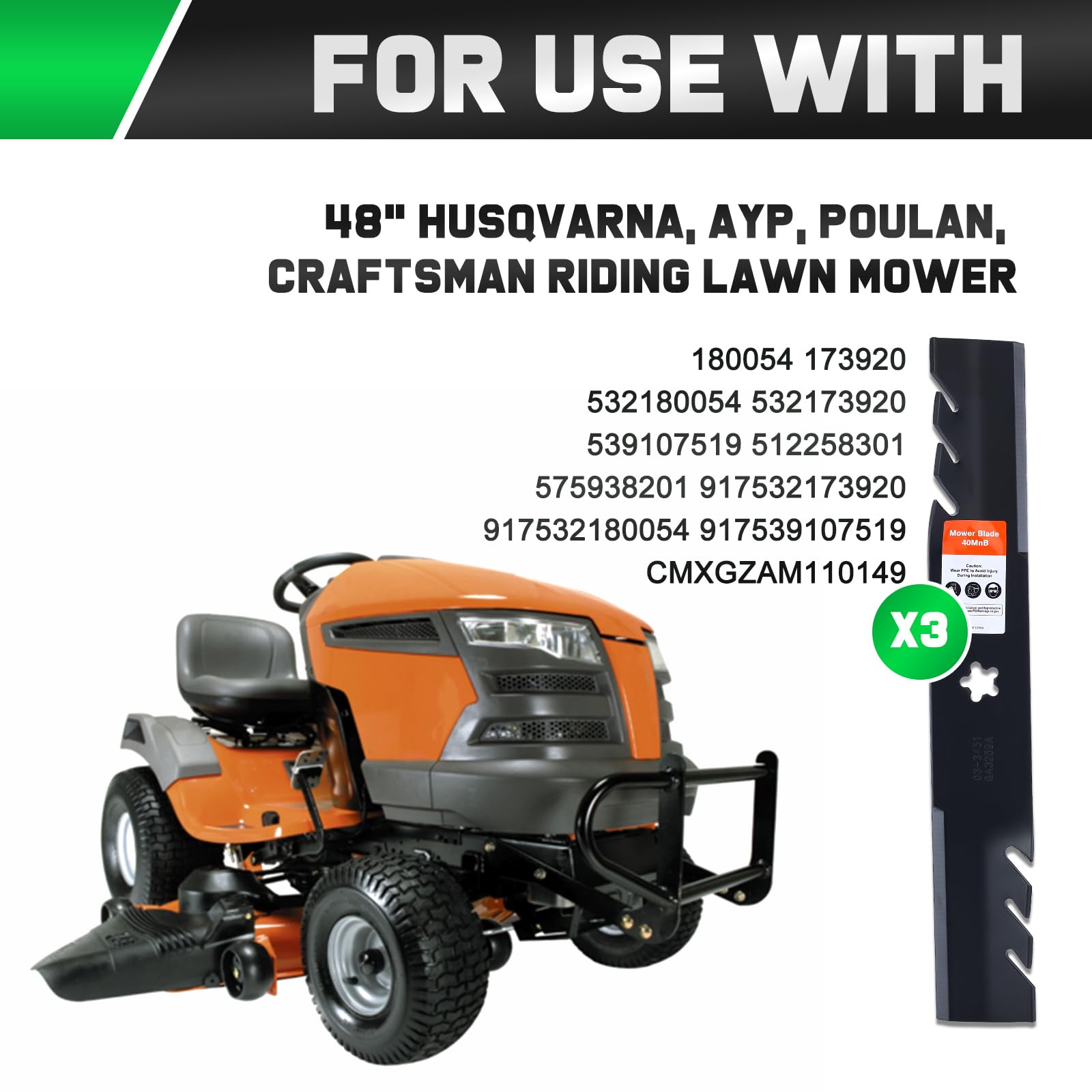 Grasscool Z248F - Cuchillas para cortacésped Hus qvarna 532180054 YTH2348 YTH24V48 YTH2148 YTH24K48 Z248 YTH2448 Craftsman Poulan 48 pulgadas, repuesto para cortacésped 188 pulgadas 0054 173920