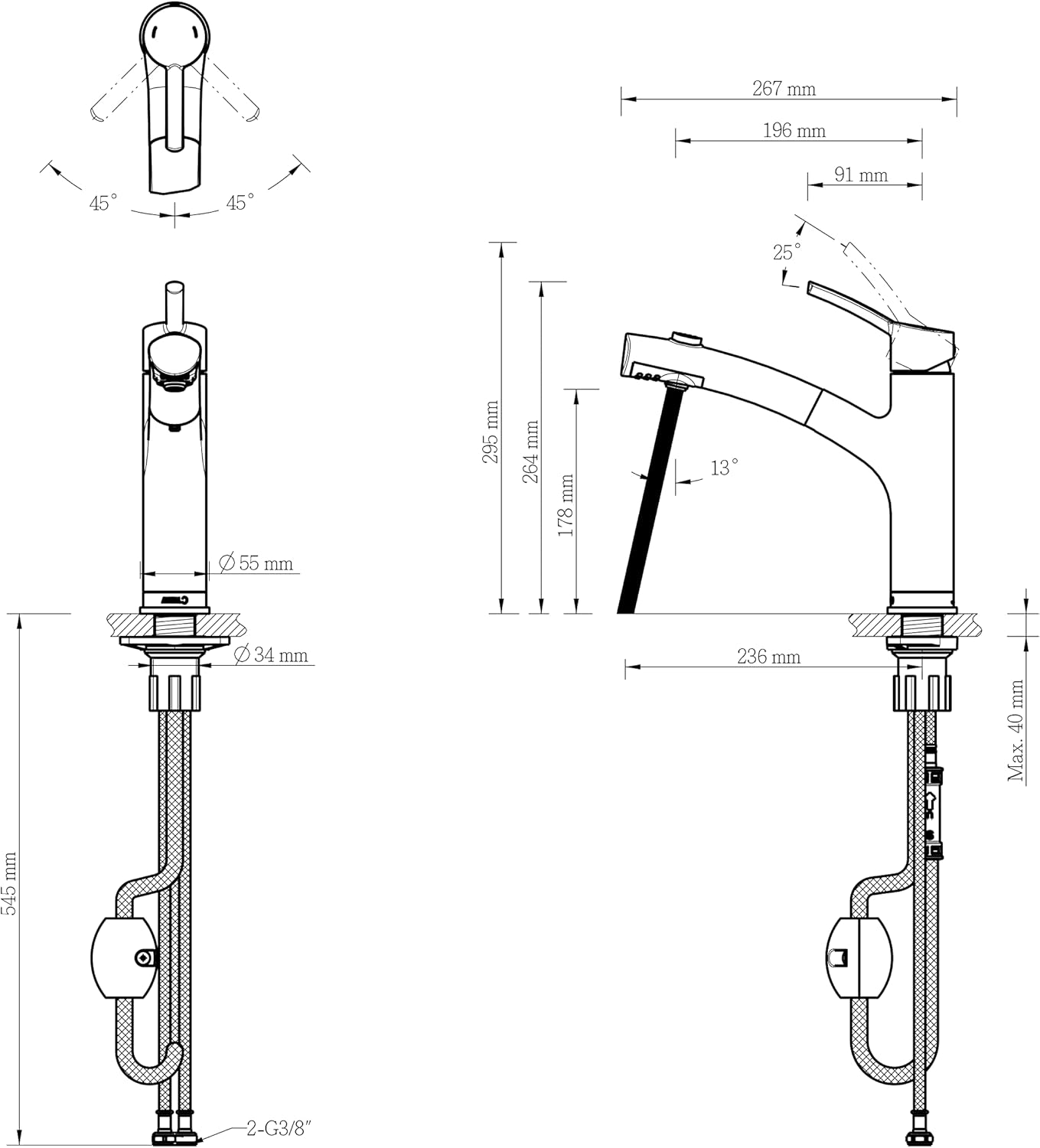 Lenz Nexo 2 faucet installation diagram with dimensions