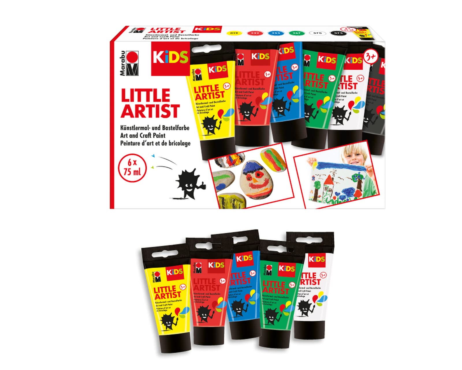 Marabu Kids Little Artist 6 x 75ml Colour Assortment - Kids Paint Set - Ideal Washable Paints for Kids, Perfect Set for Painting for Children, Childrens Art & Craft Paint for Boys and Girls