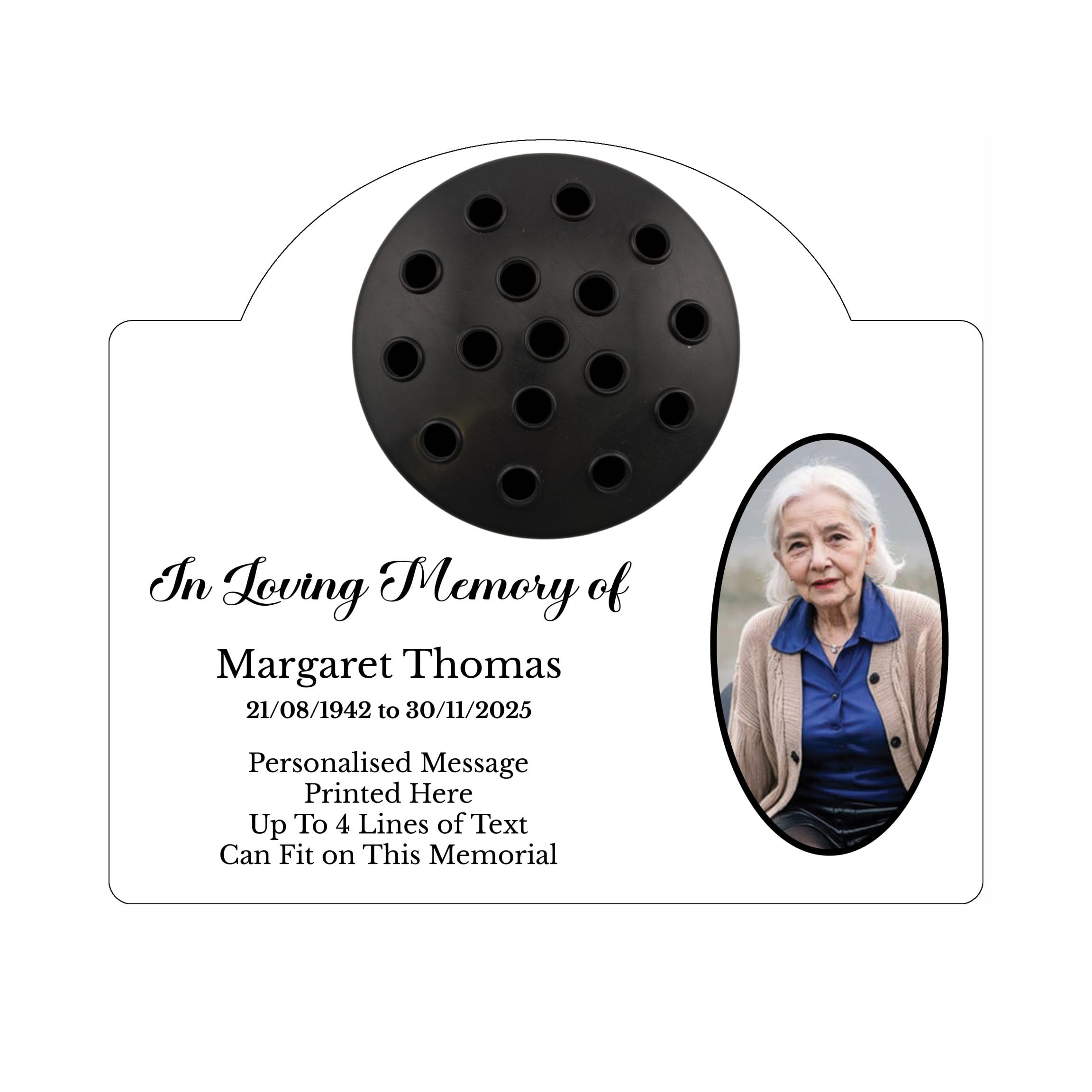 1stclassgifts Personalised Metal Grave Stone Marker Headstone Memorial Plaque, In Memory Sign Remembrance Your Photo Grave Vase Flower Holder (UV PRINTED) (White, Black Lid) — image 1