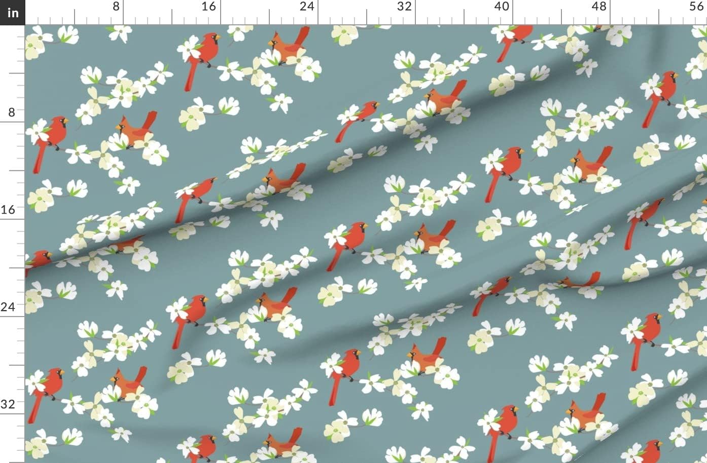 Spoonflower Fabric - Spring Dogwood Floral Birds Blooms Cardinal Bird Sky Printed on Organic Cotton Sateen Fabric by The Yard - Sewing Quilting Apparel Home Decor