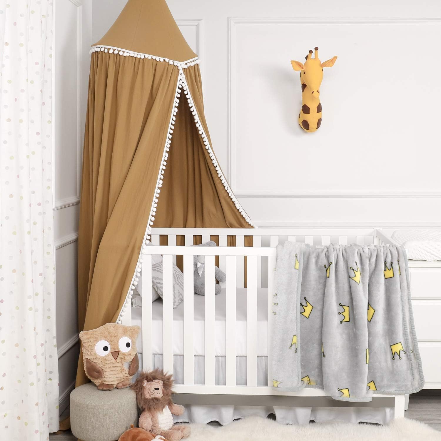 TILLYOU Princess Cotton Collection Nursery Bed Canopy for Girls, Fits Standard/Mini Baby Crib, Toddler Bed, Reading & Playing Nook, Hanging Game Tent for Kids Bedroom, Round Dome Net, Brown