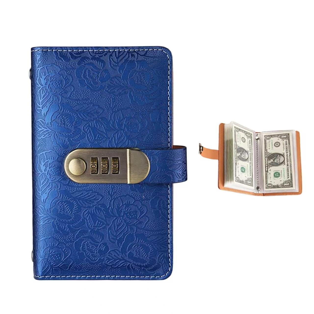 PINE WAVES Money Saving Wallet & Budget Binder - Savings Challenge Book with Lock, Money Saver Wallet for Cash, 1PCS Blue Printed Design for Home Office Travel