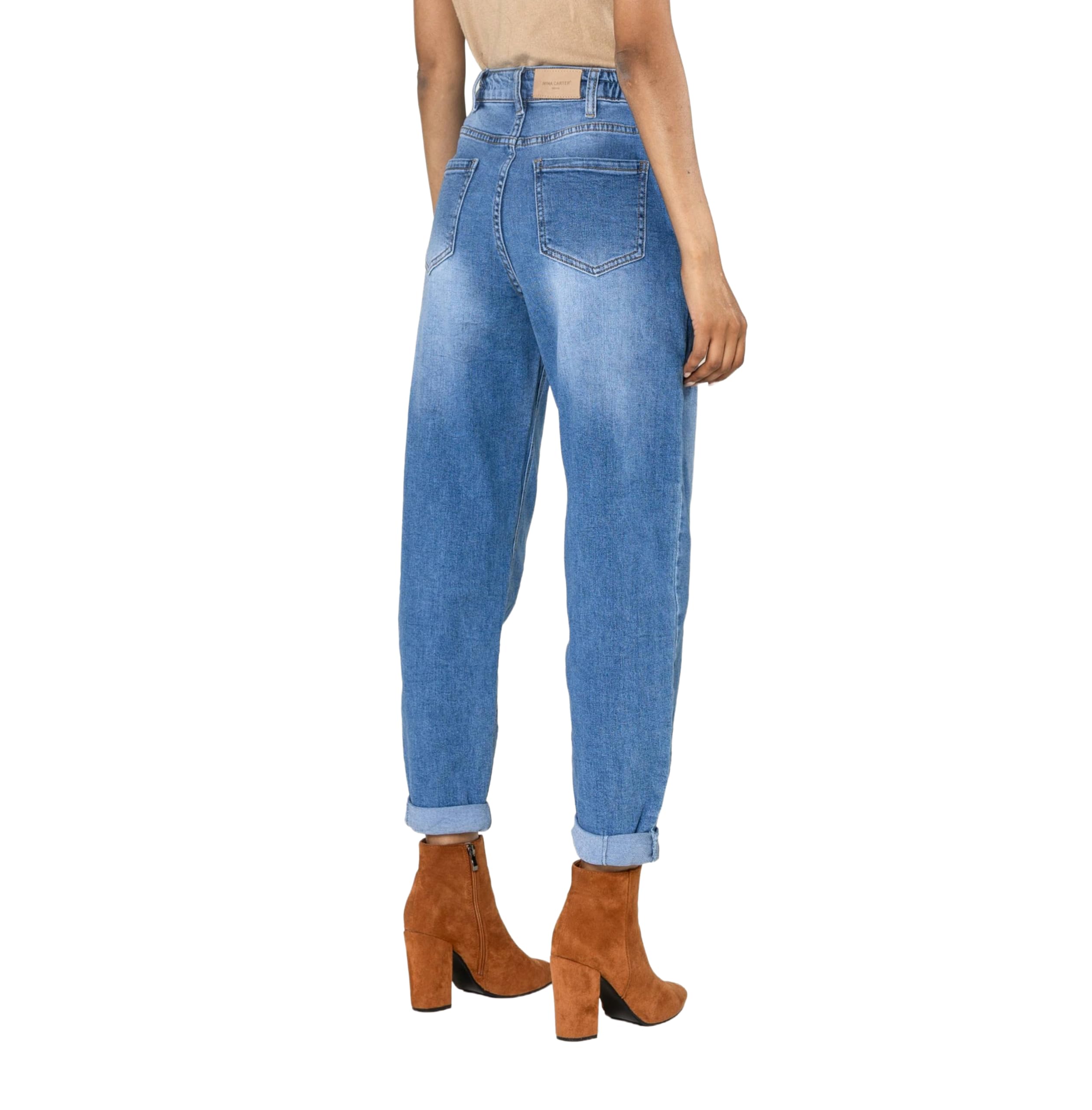Nina Carter YY303 Pantalones vaqueros holgados de cintura alta para mujer, informales, de corte ancho, elásticos, aspecto desgastado