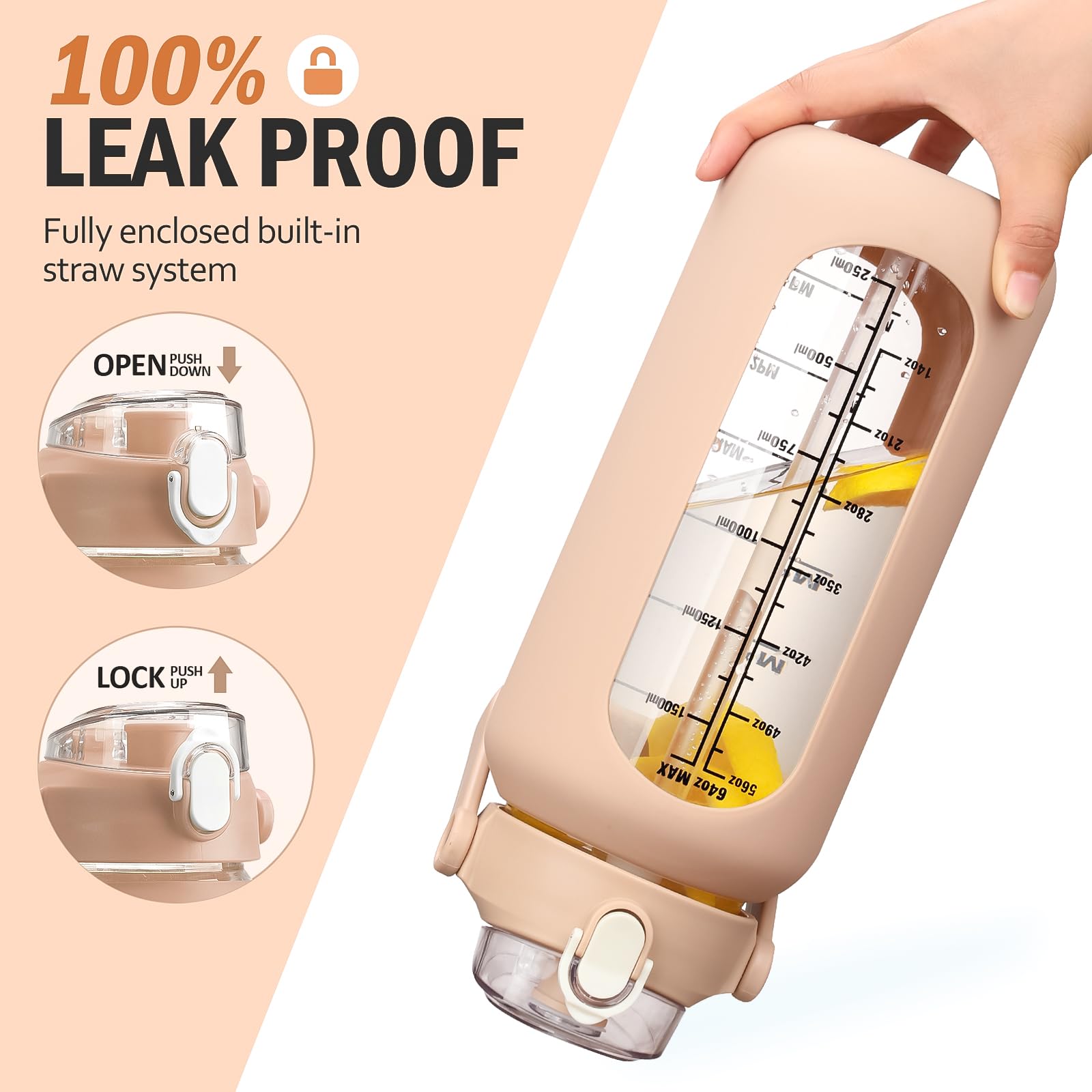 HYDRAGLAZIC 2L Glass Water Bottle with 2 Lids Flip and Chug Lids 2 Liter Large Water Jug with Time Marker and Silicone Sleeve BPA Free Leak-proof for Sports Gym Amber - Image 3