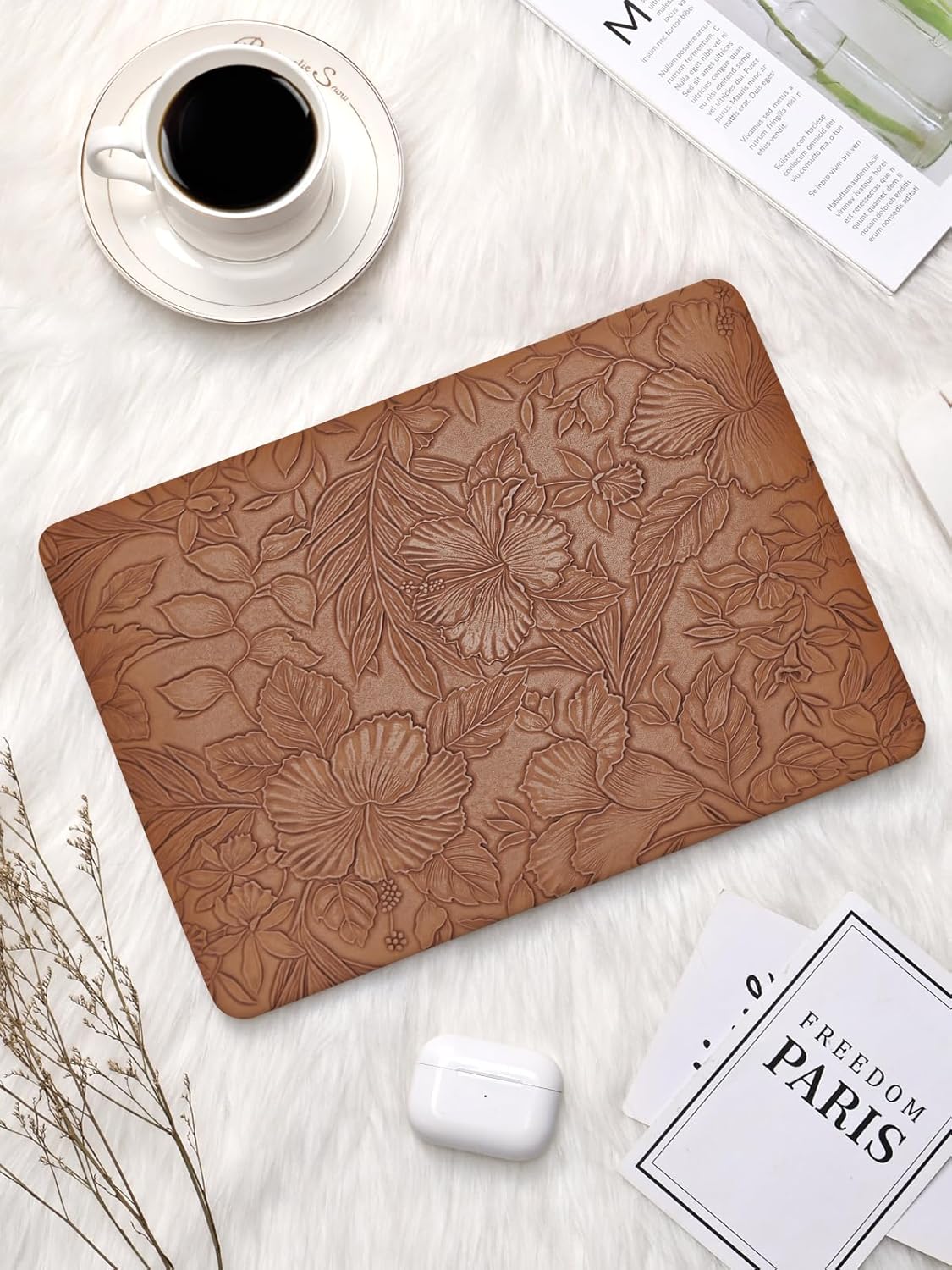 Seorsok Compatible with MacBook Pro 13 inch Case M2 2023,2022,2021-2016 A2338 M1 A2251 A2289 A2159 A1989 A1708 A1706,Leaves Flowers Leather Hard Shell Case & Keyboard Cover,Dark Brown Blooming Floral