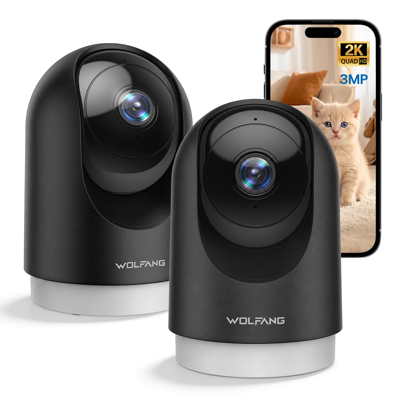 WOLFANG Telecamera Wi-Fi Interno 2K, Telecamera per Cani con Rilevamento Movimento e Visione Notturna, Baby Monitor con Audio Bidirezionale, Compatibile con Alexa/Google, Senza Canone Mensile, 2 Pezzi